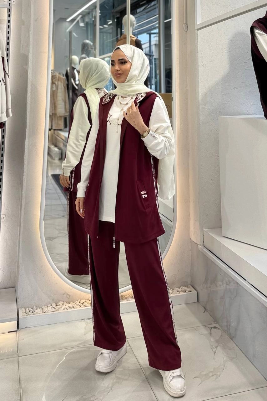 Toptan Oysho Kumaş Desenli Yan Şerit Detaylı Yelekli Üçlü Takım