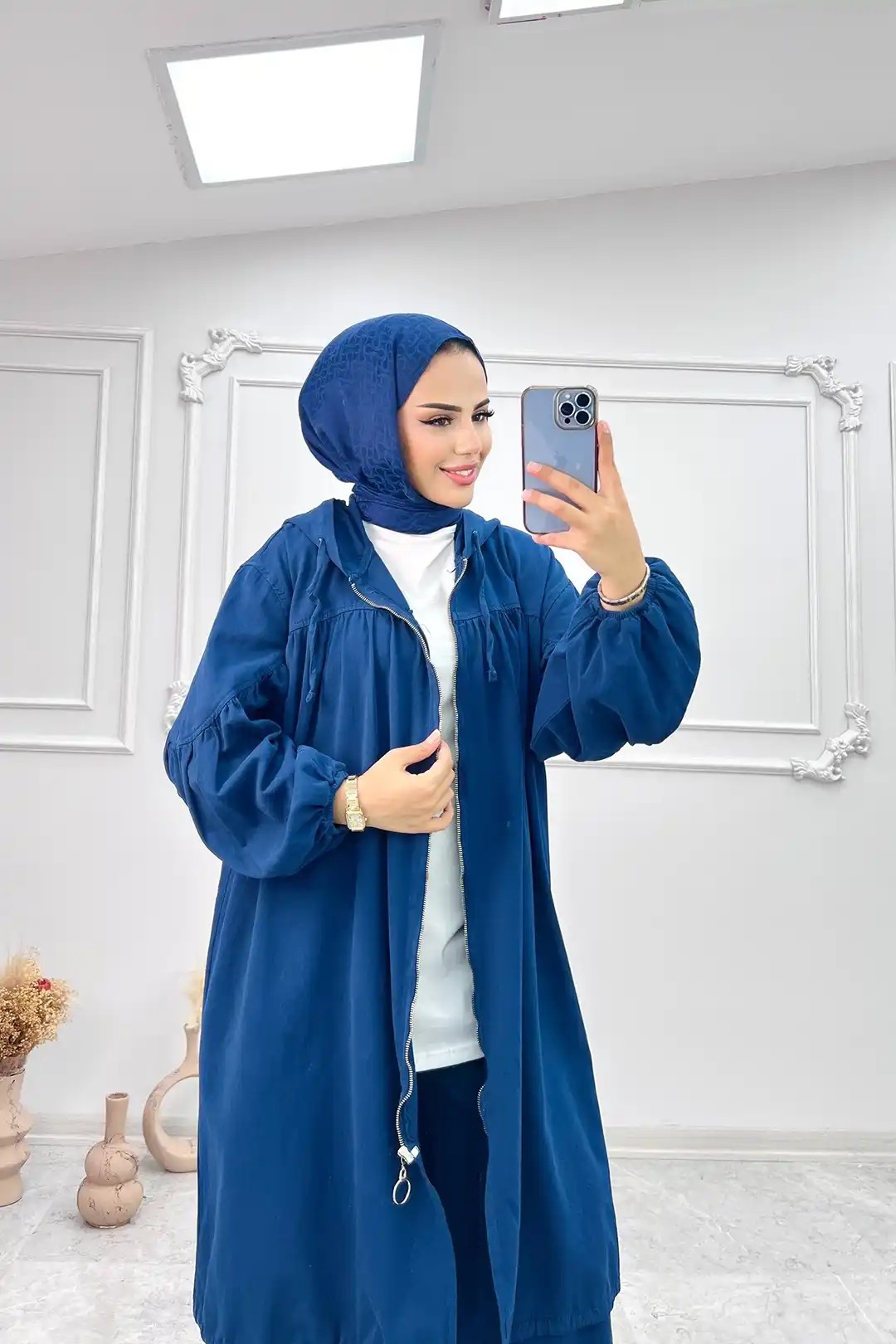 Wholesale Denim Fabric Elastic Sleeve Zippered Two Piece Set - Indigo