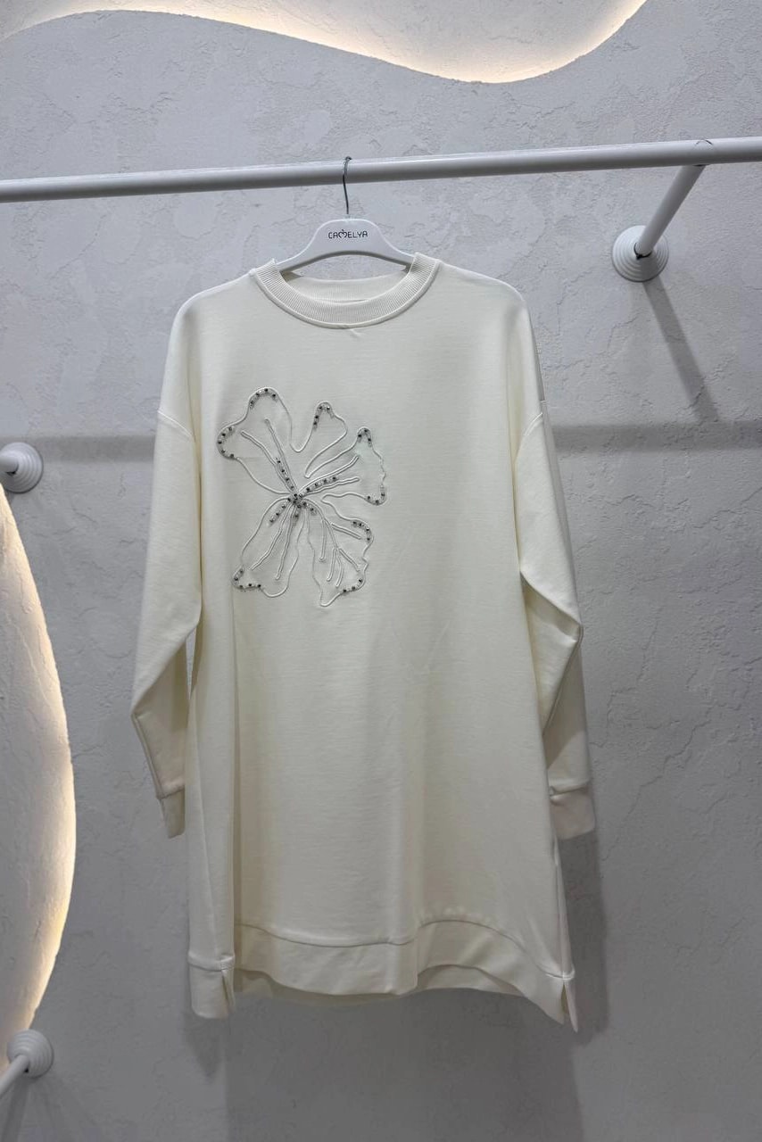 Toptan İki İplik Kumaş Çiçek Desen Taş İşlemeli Tunik