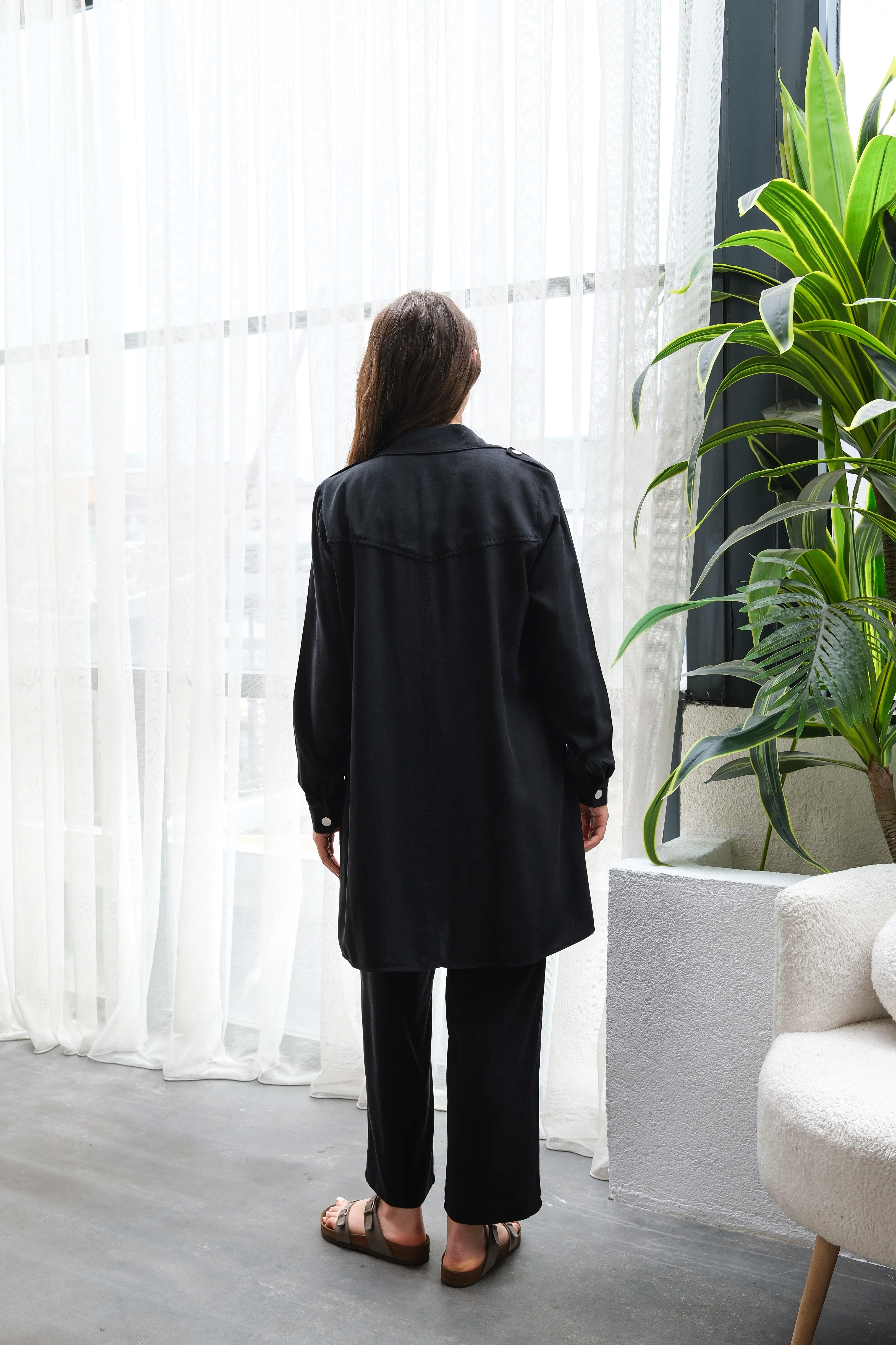 Wholesale Raw Tencel Fabric Pocket Detailed Snap Three-Piece Suit - Black