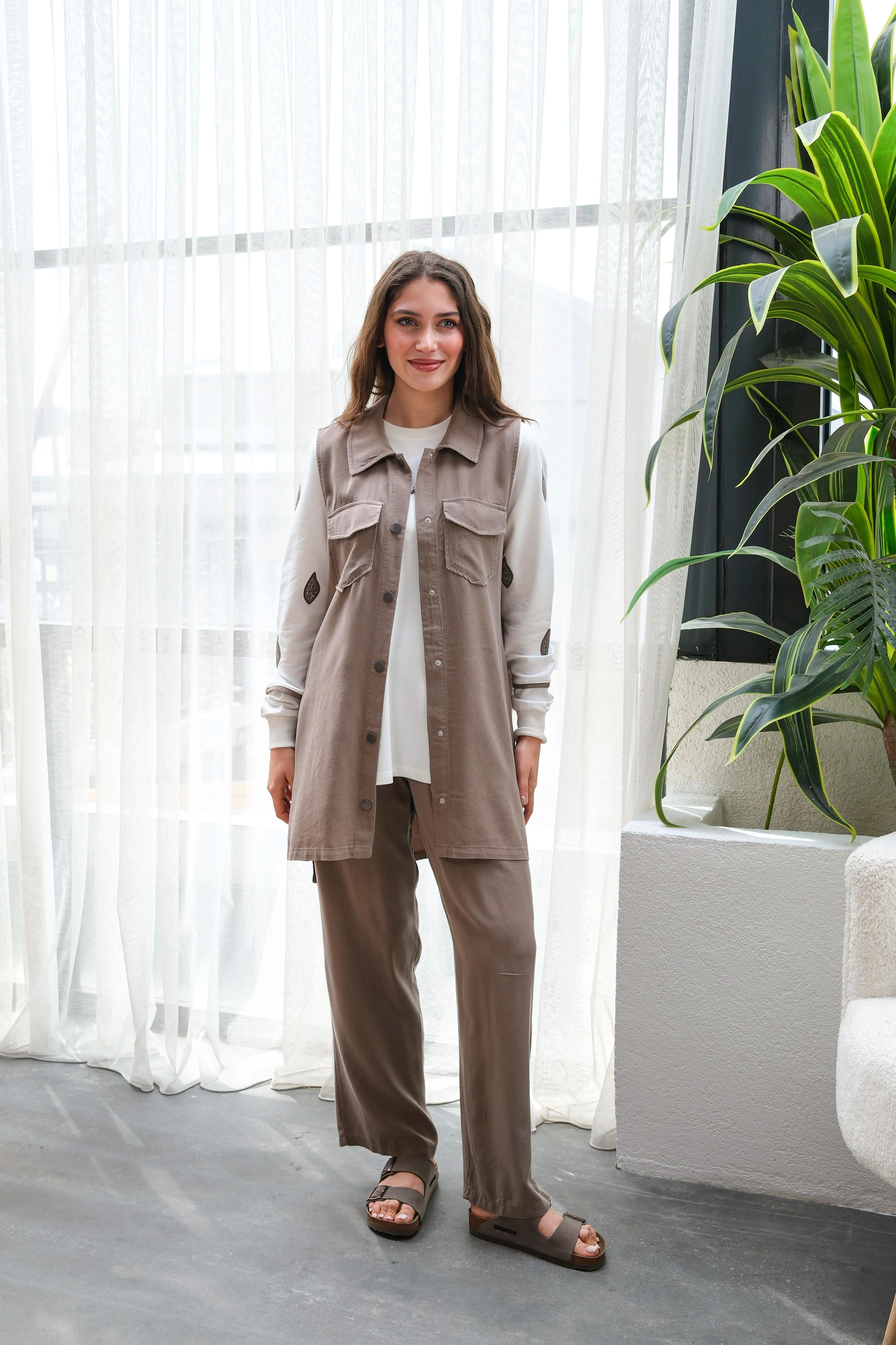 Оптовая продажа туника из ткани Tencel, вышитый камнем жилет, костюм-тройка - 10643 Информация о продукте - Визон