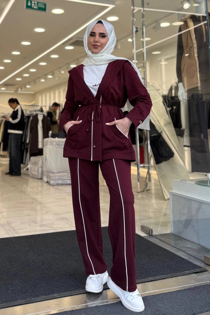 Toptan İki İplik Kumaş Şerit Detaylı Üçlü Takım