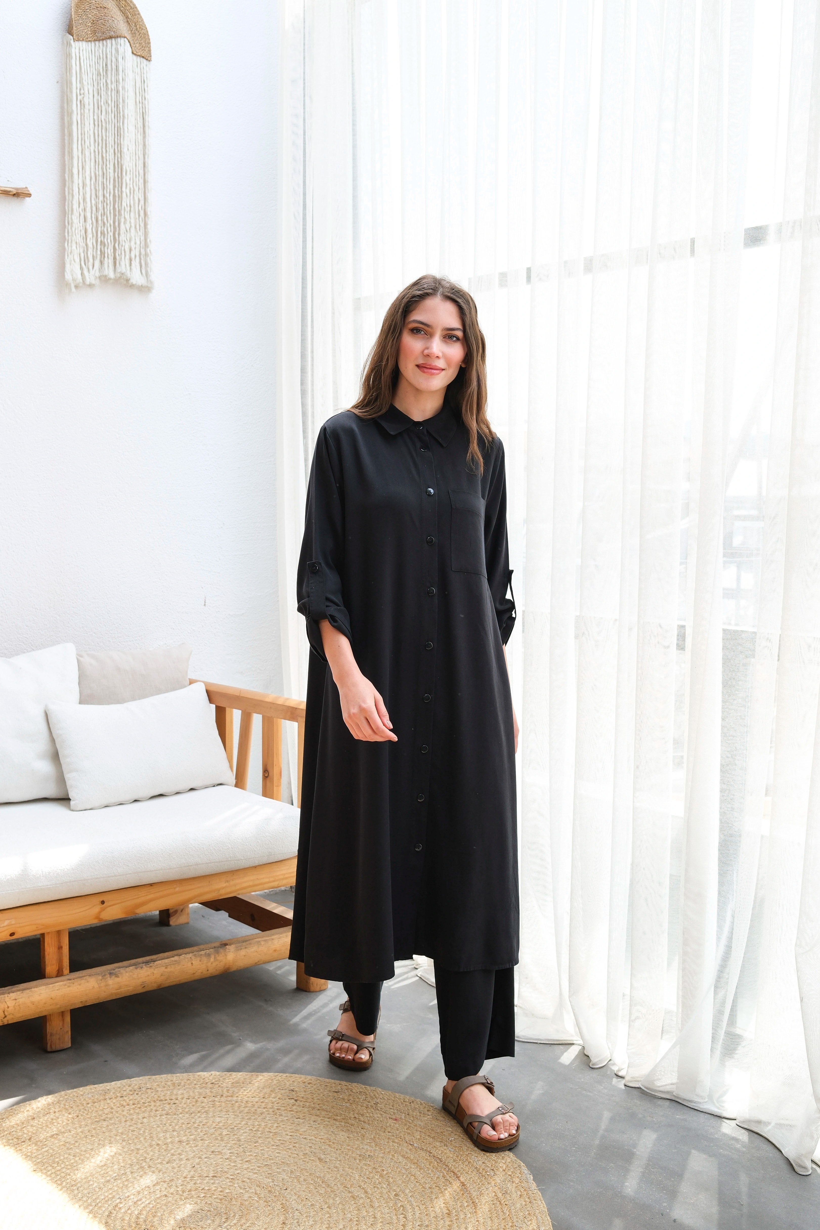 Toptan Tensel Kumaş Tuniği Uzun Düğmeli Battal Beden İkili Takım - SİYAH