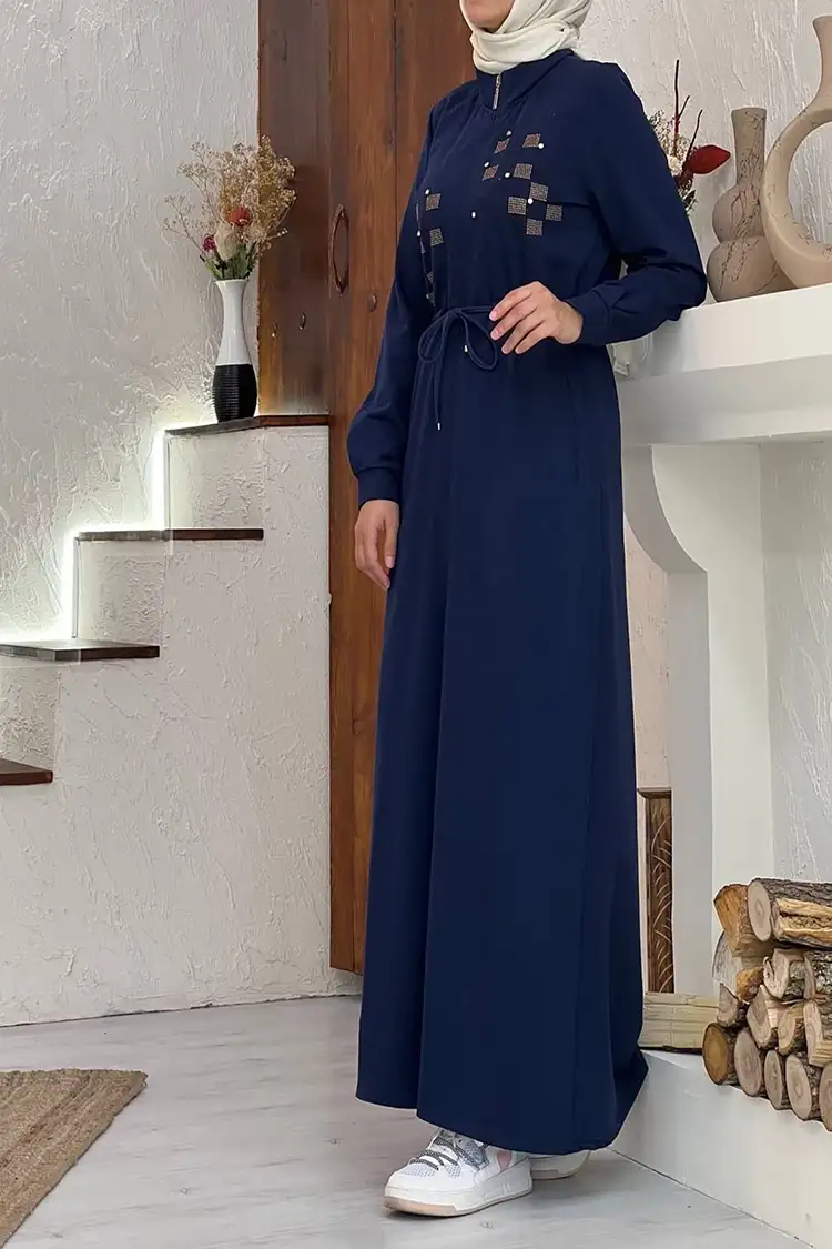 بالجملة فستان مقاس كبير بنمط أمامي ورباط عند الخصر من قماش قطن خيطين عالي الجودة - كحلي