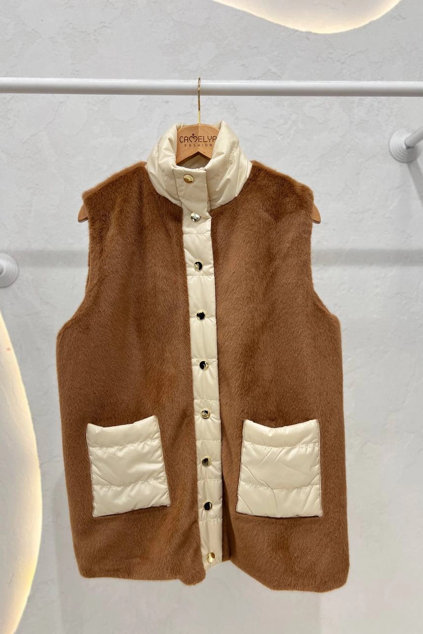 Toptan Peluş Kumaş Çıtçıtlı Ve Cepli Yelek