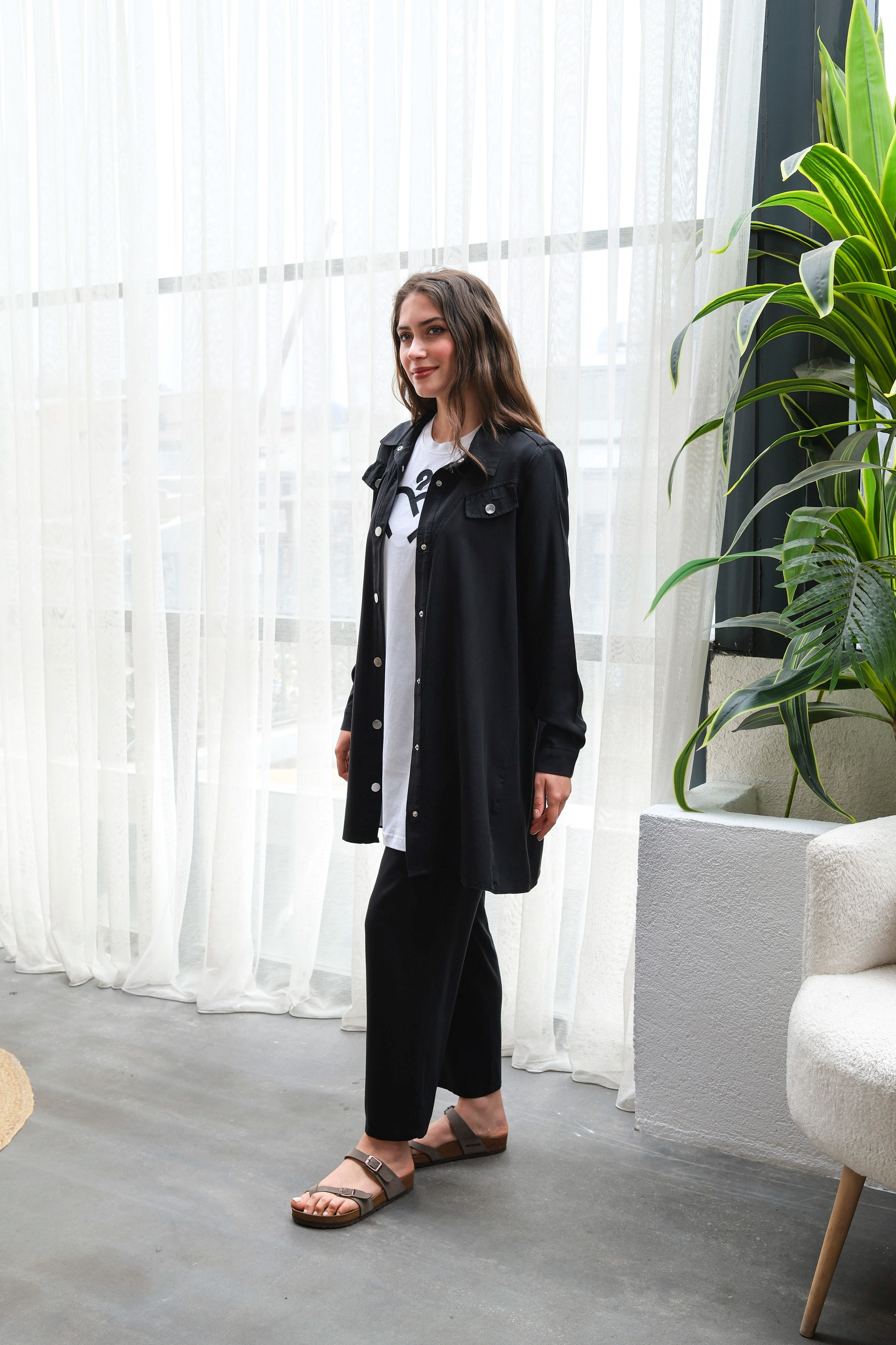 Wholesale Raw Tencel Fabric Pocket Detailed Snap Three-Piece Suit - Black