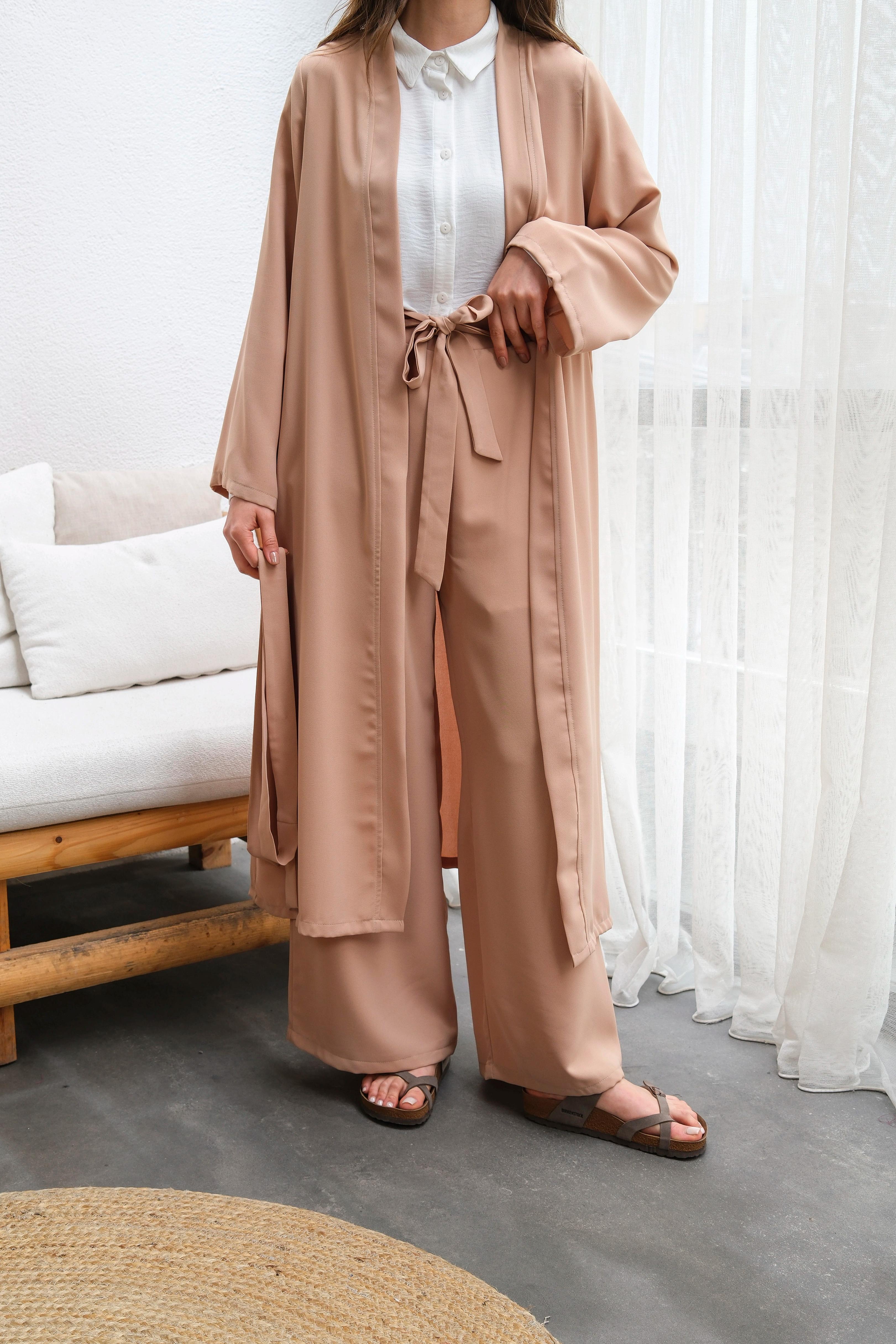 Wholesale Thin Crepe Fabric Belted Two Piece Suit - 10634 Product Information - Milk Coffee