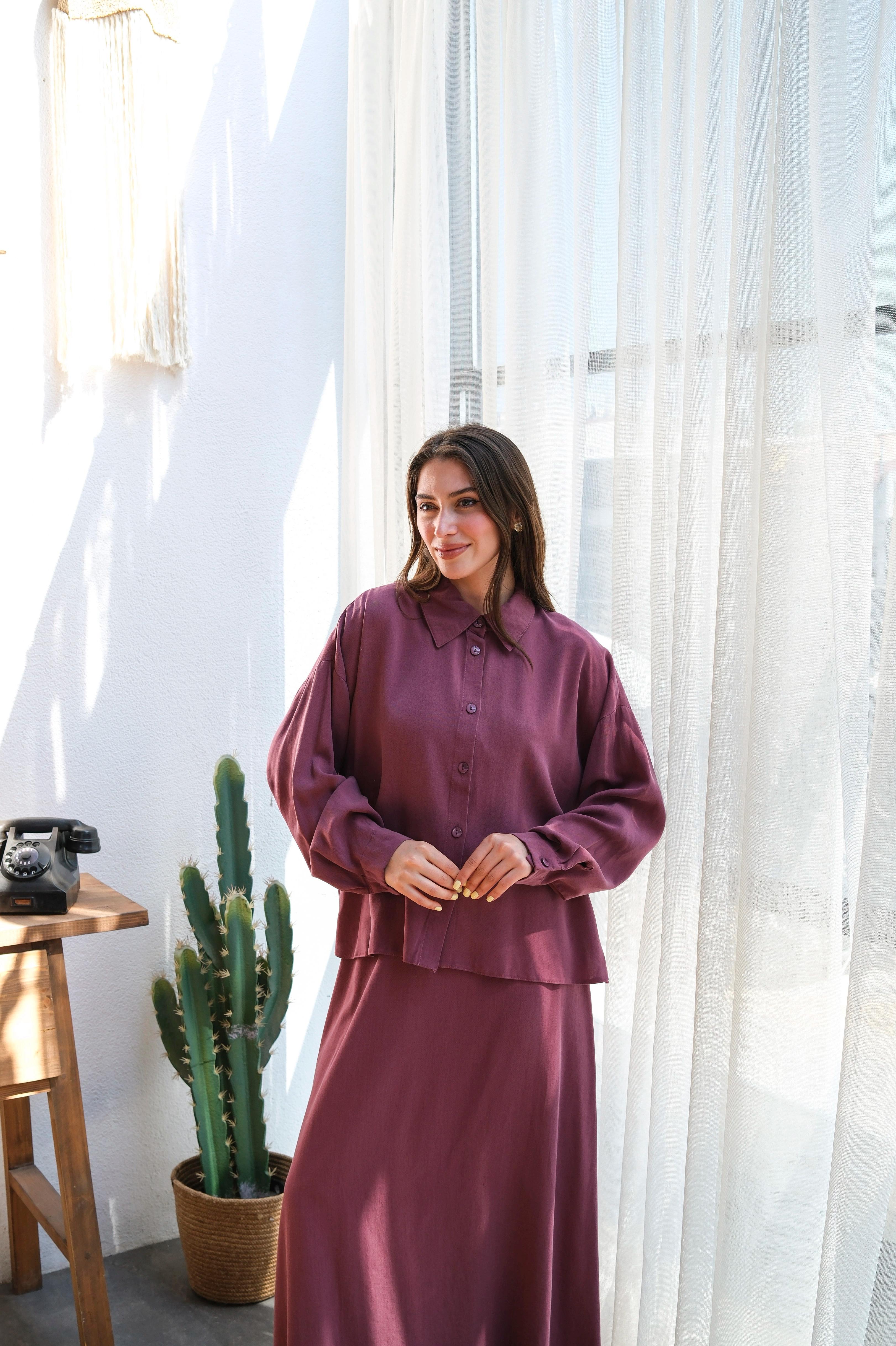 Wholesale Tencel Fabric Buttoned Double Skirt Set - 8219 Product Information - Burgundy