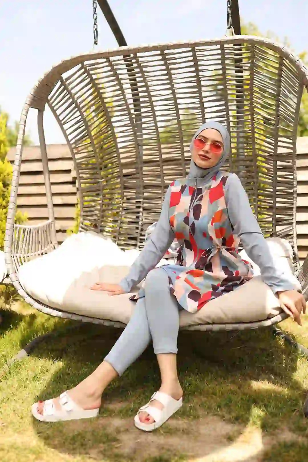 Renkli Desenli Büzgü Detaylı Polyester Elastan Tesettür Mayo 10371