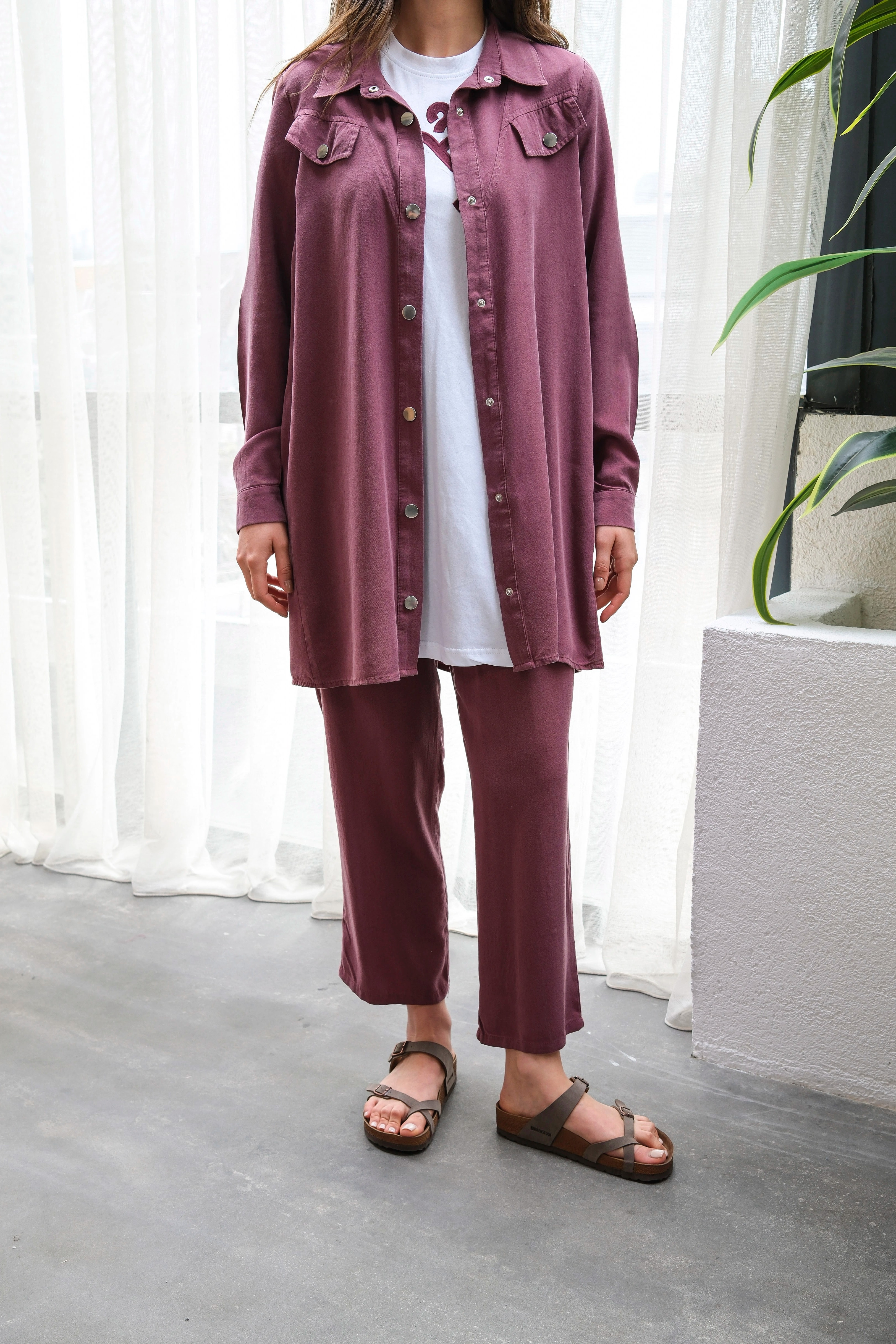 Wholesale Raw Tencel Fabric Pocket Detailed Snap Three-Piece Suit - Burgundy