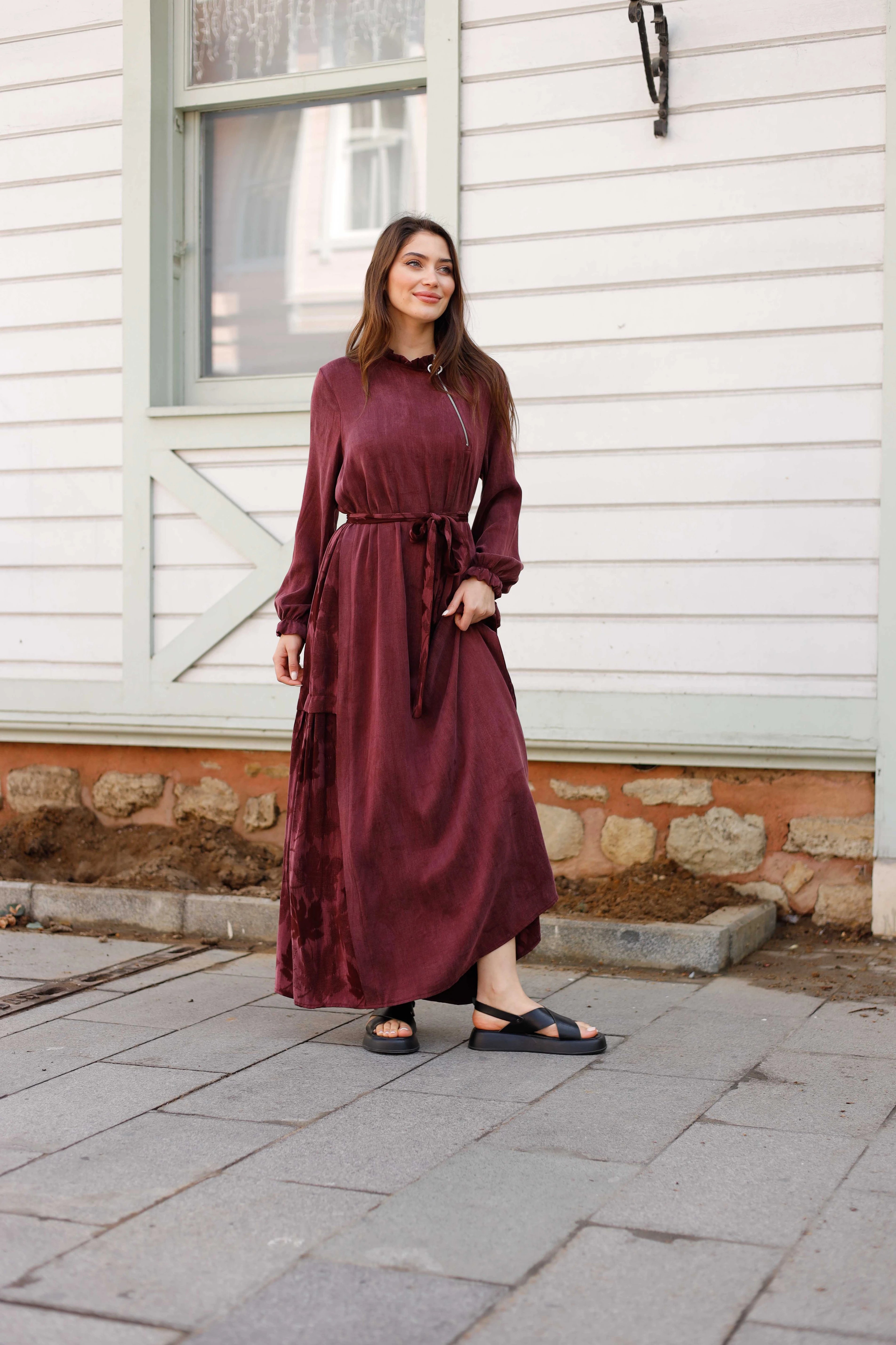 Wholesale Cupra Fabric Leaf Patterned Dress - 3716 - Burgundy