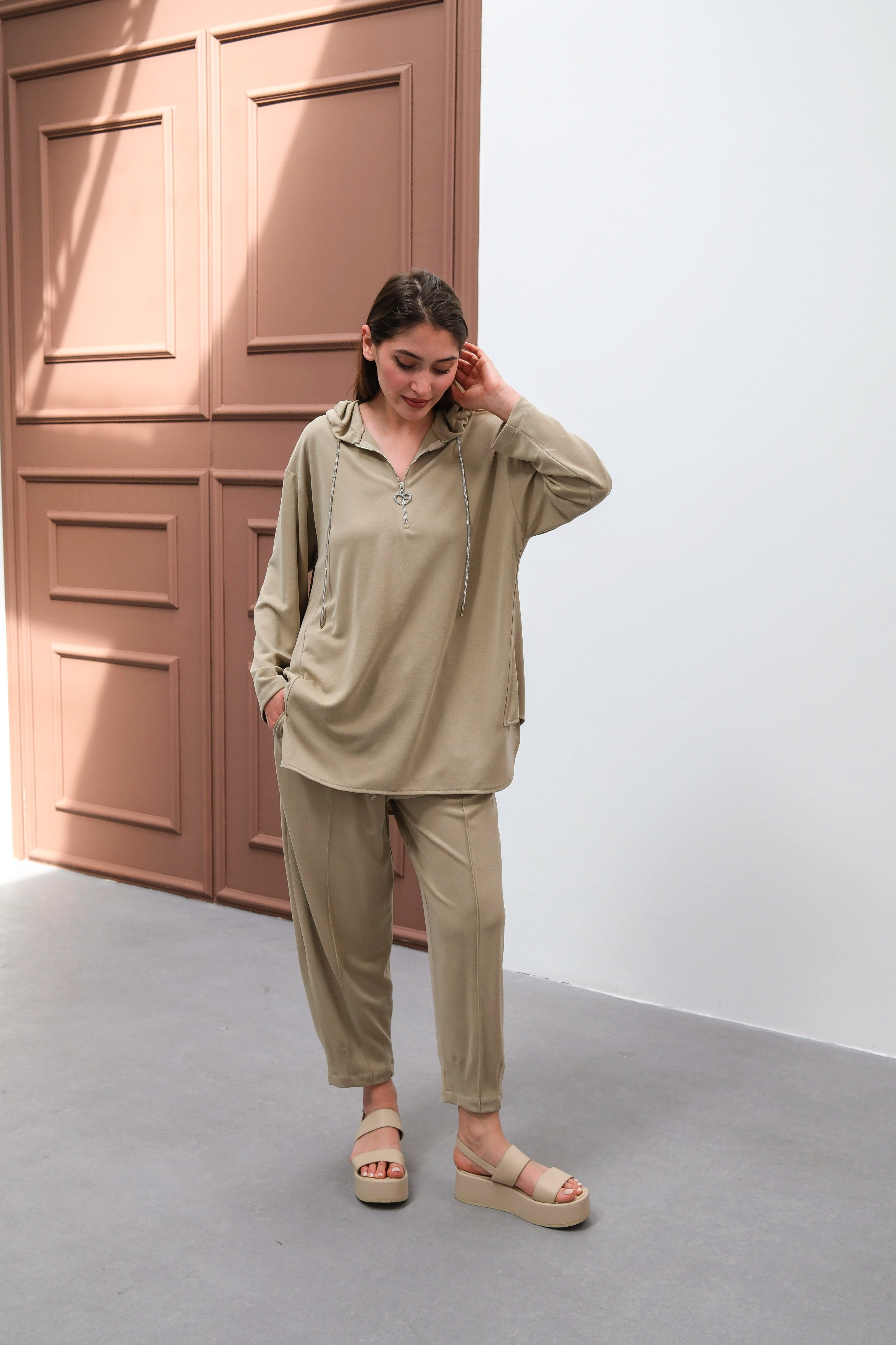 Wholesale Ecem Fabric Half Zipper Hooded Two Piece Suit - 10663 Product Information - Mink