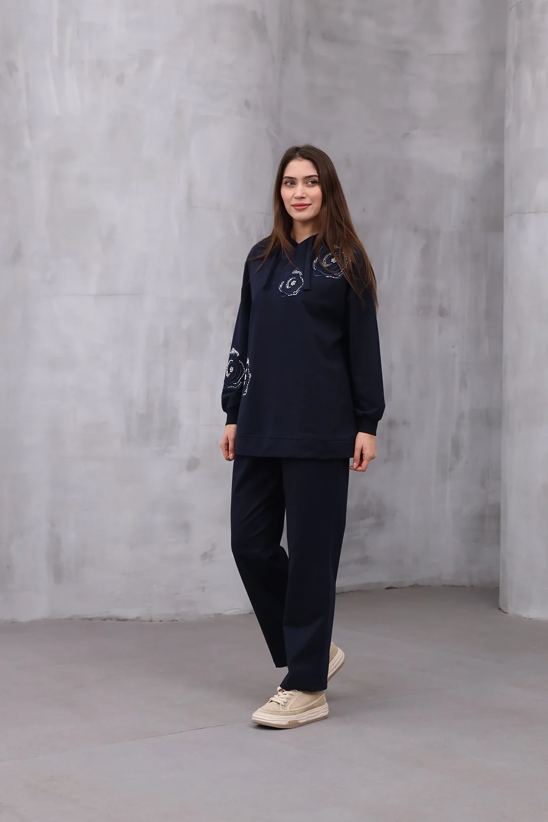 Wholesale Two Yarn Fabric Rose Patterned Two Piece Suit - 10597 - Navy Blue