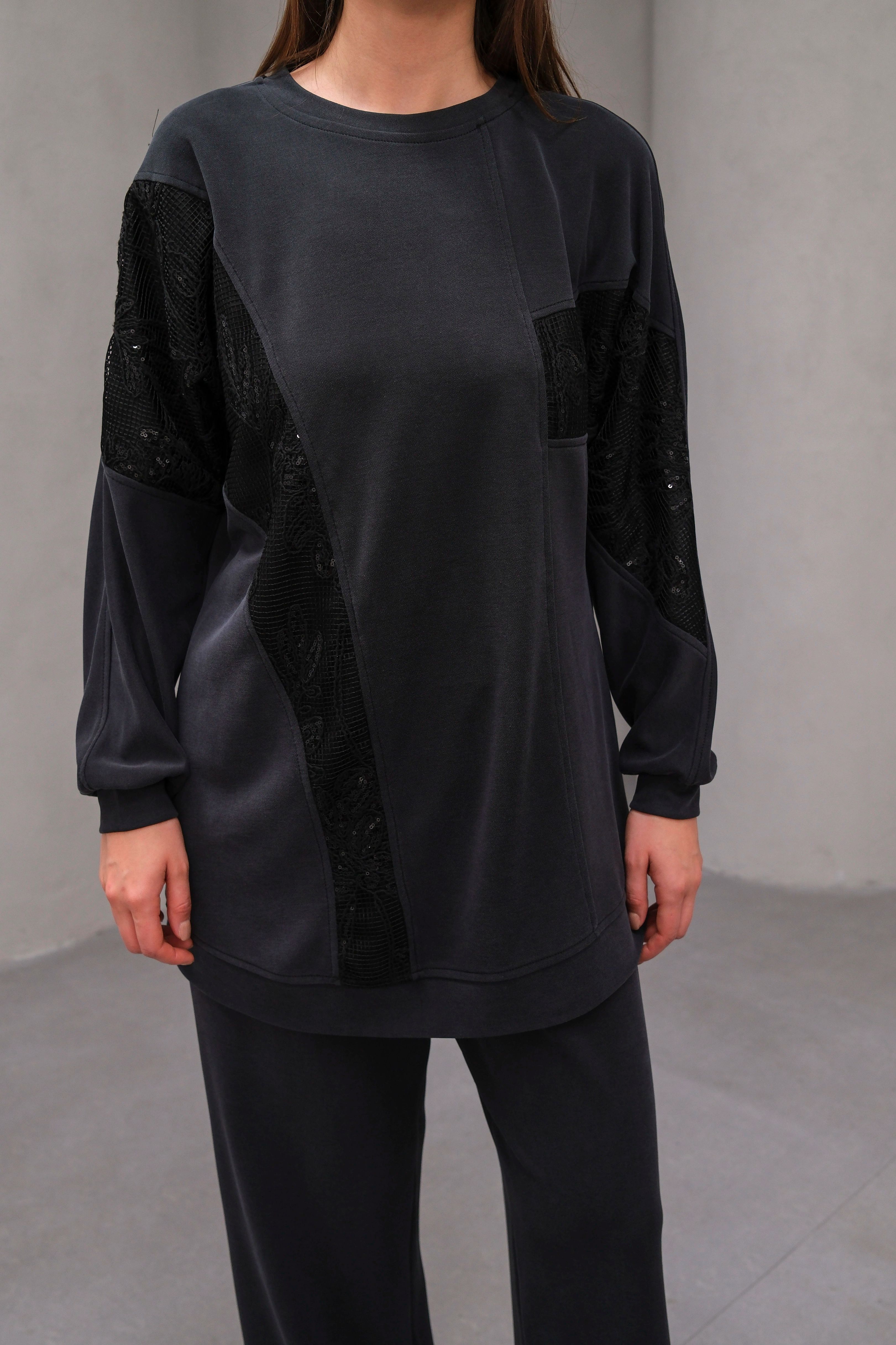Wholesale Ecem Fabric Patterned Net Fabric Detailed Two Piece Suit - 10655 Product Information - Black