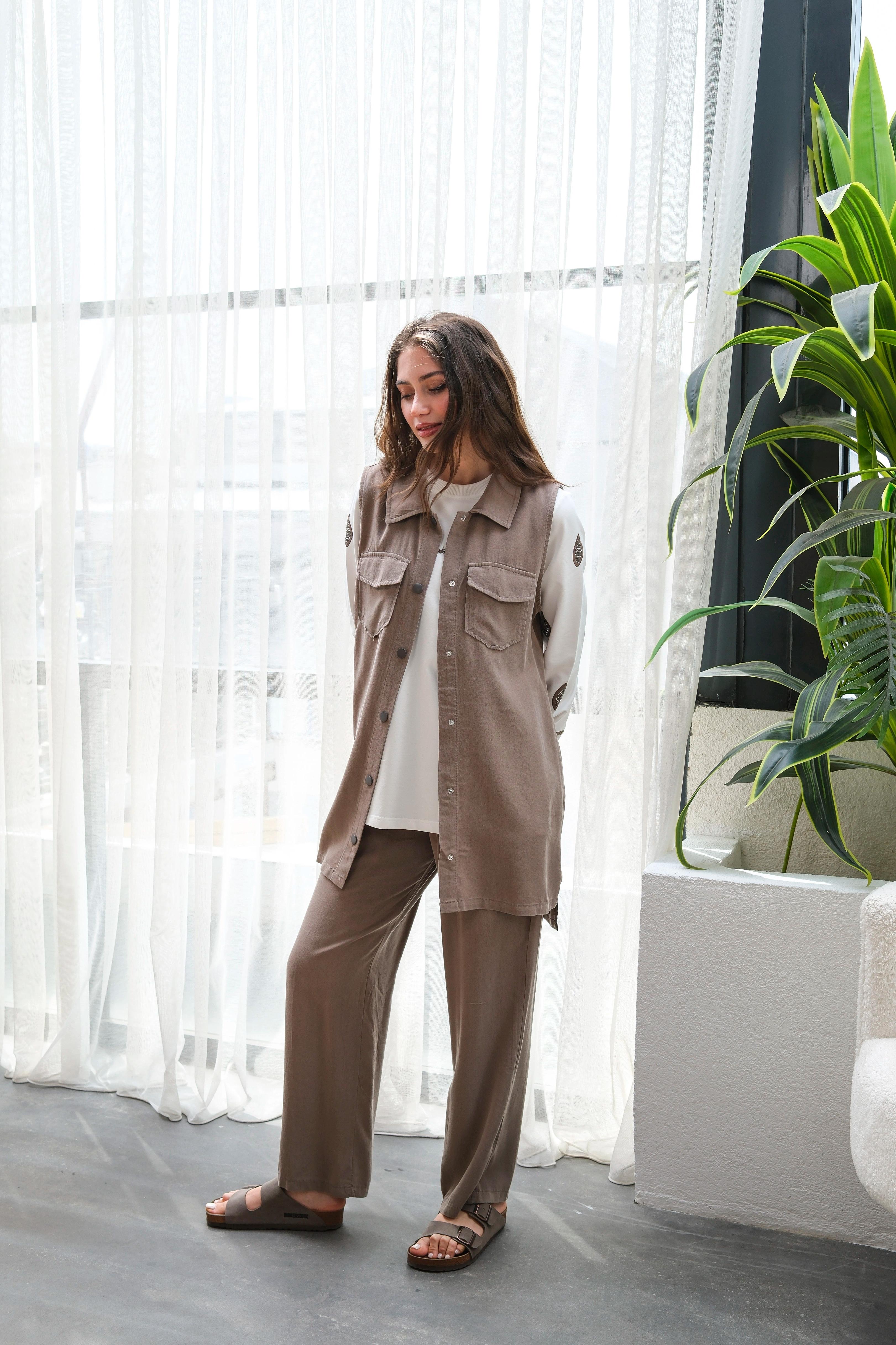 Оптовая продажа туника из ткани Tencel, вышитый камнем жилет, костюм-тройка - 10643 Информация о продукте - Визон