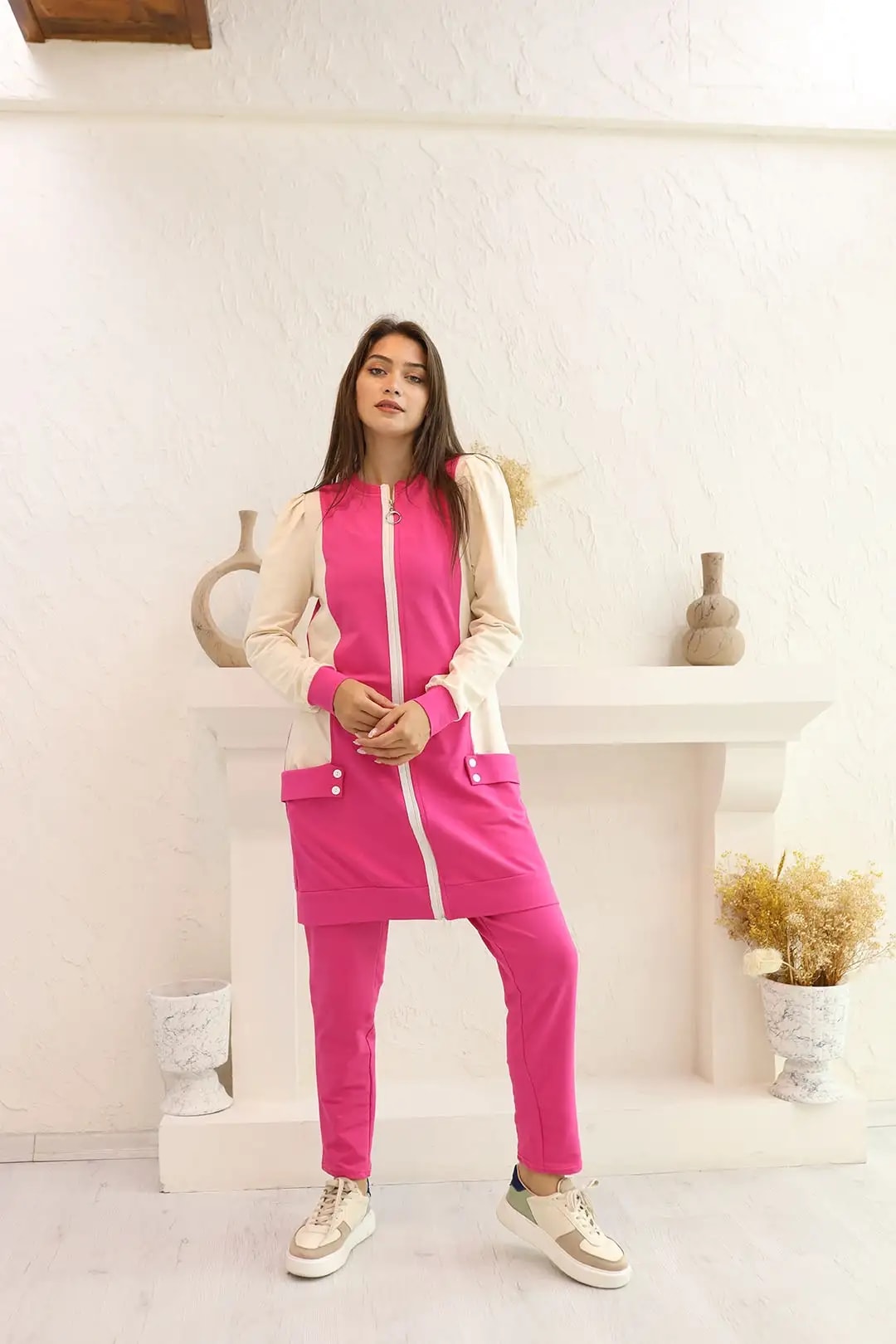 Wholesale Two-Thread Fabric Front Zippered Sporty Two-Piece Suit - Fuchsia