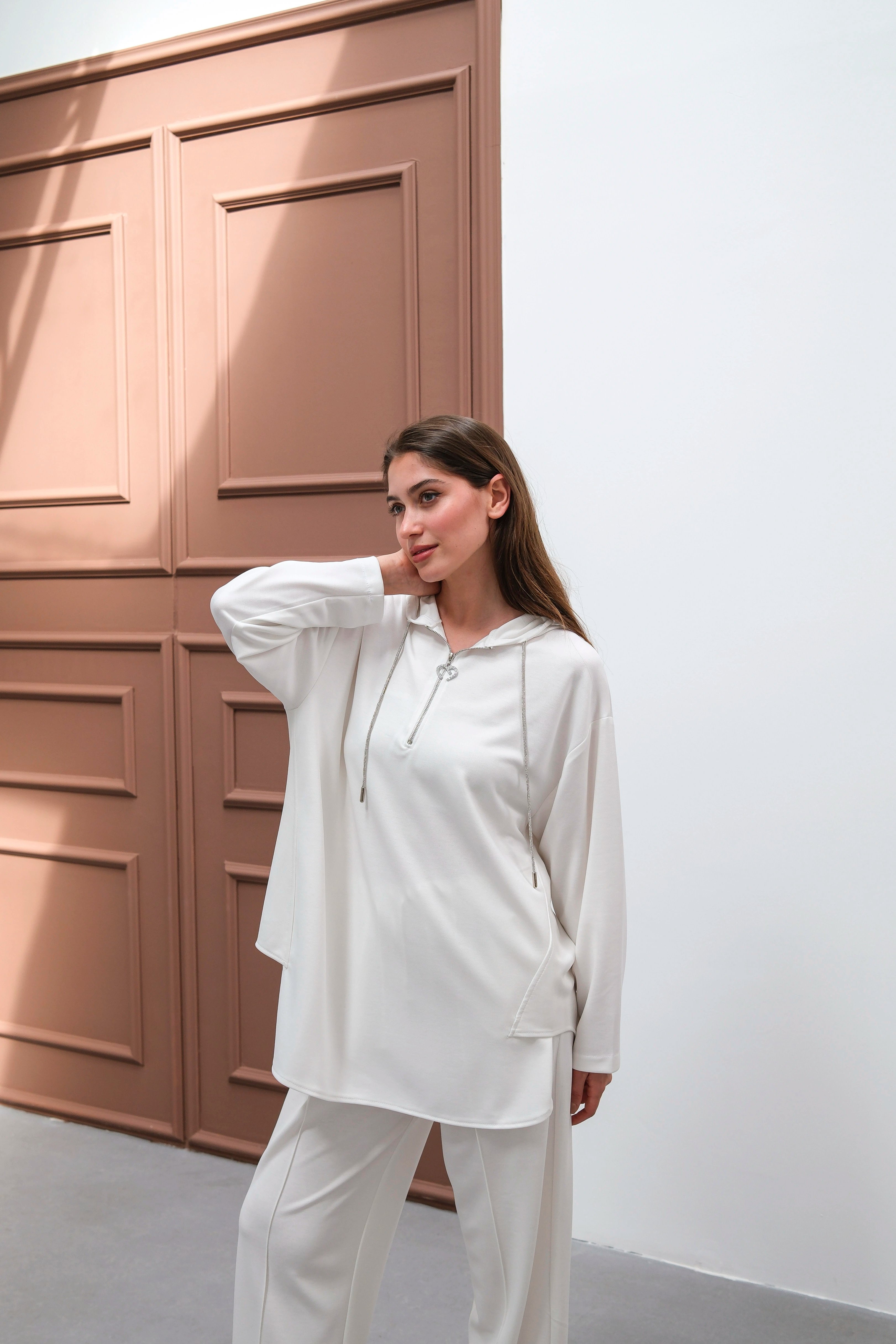 Wholesale Ecem Fabric Half Zipper Hooded Two Piece Suit - 10663 Product Information - Ecru