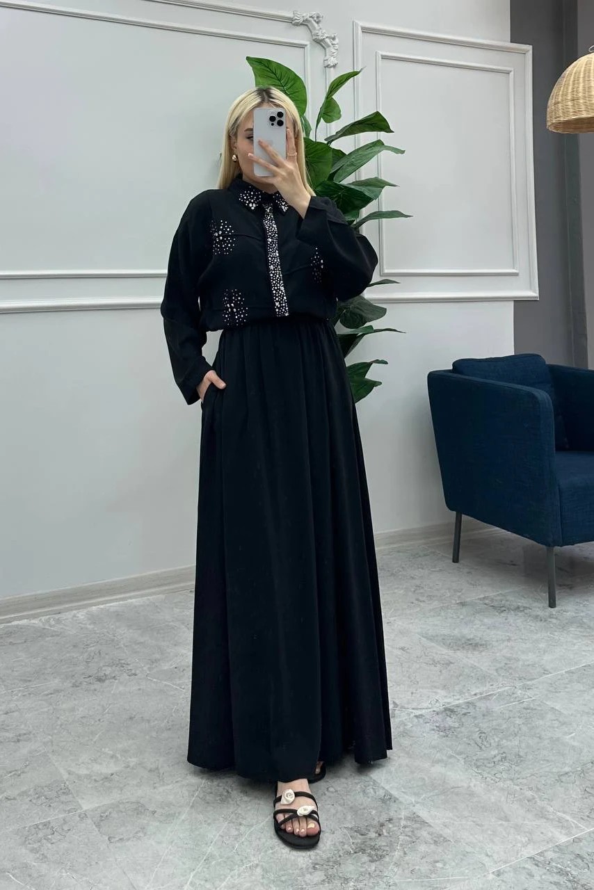 Wholesale Tencel Fabric Stone Embellished Double Skirt Set - 8222 Product Information