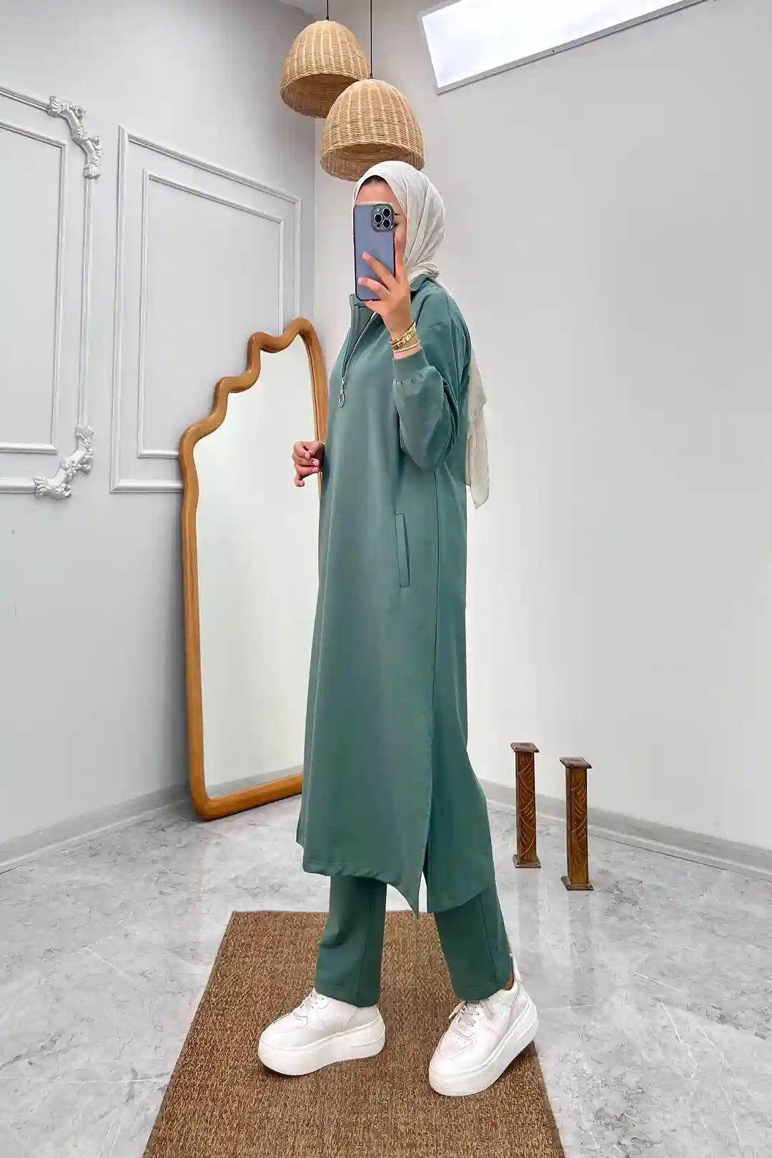 Wholesale Two-Ply Fabric Zippered Collar Pocket Two-Piece Suit - Mint Green