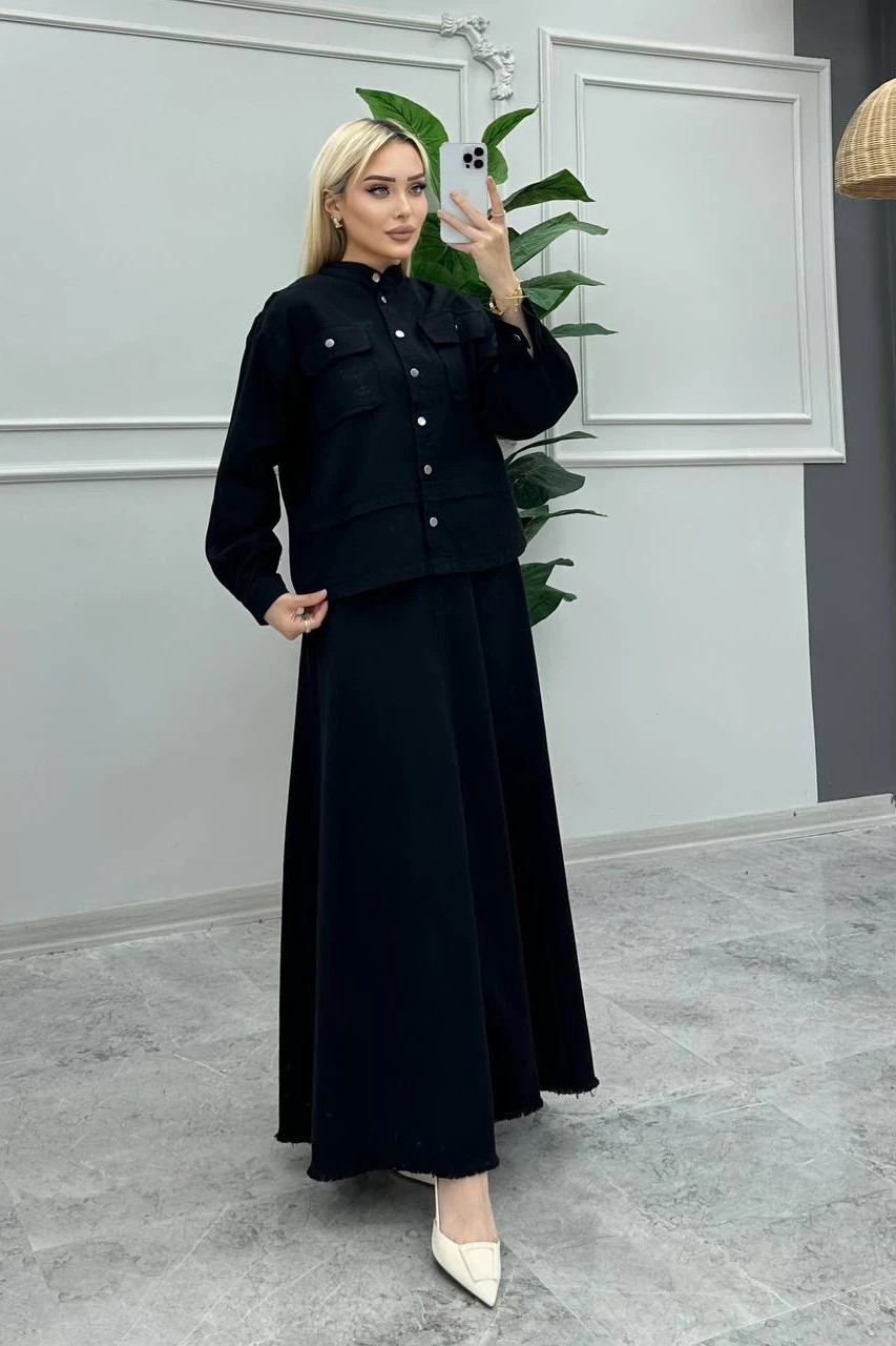 Gabardin Kumaşlı Düğmeli Ceketli Zarif ve Şık İkili Etek Takım 8212