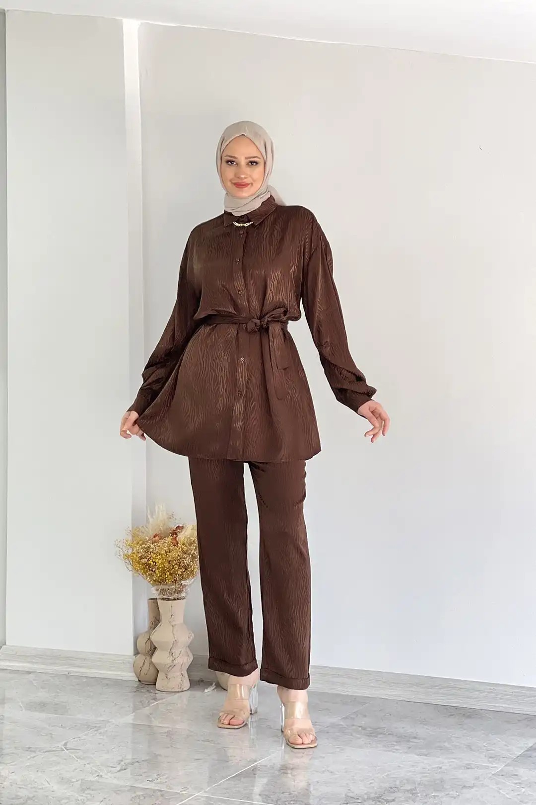 Double Paça ve Seyyar Kemer Detaylı Jakar Kumaş İkili Takım 10413