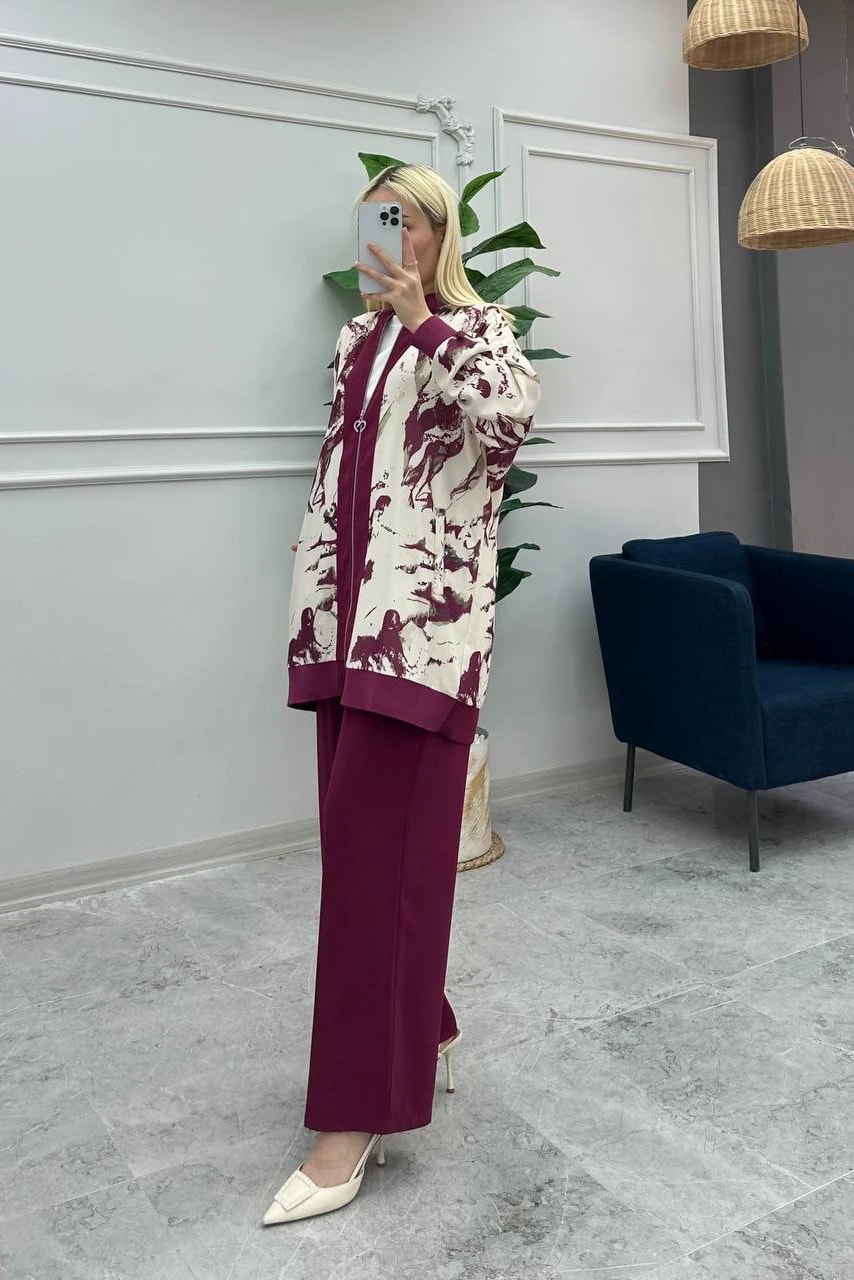 Toptan Linda Kumaş Desenli Ve Boydan Fermuarlı Üçlü Takım - BORDO