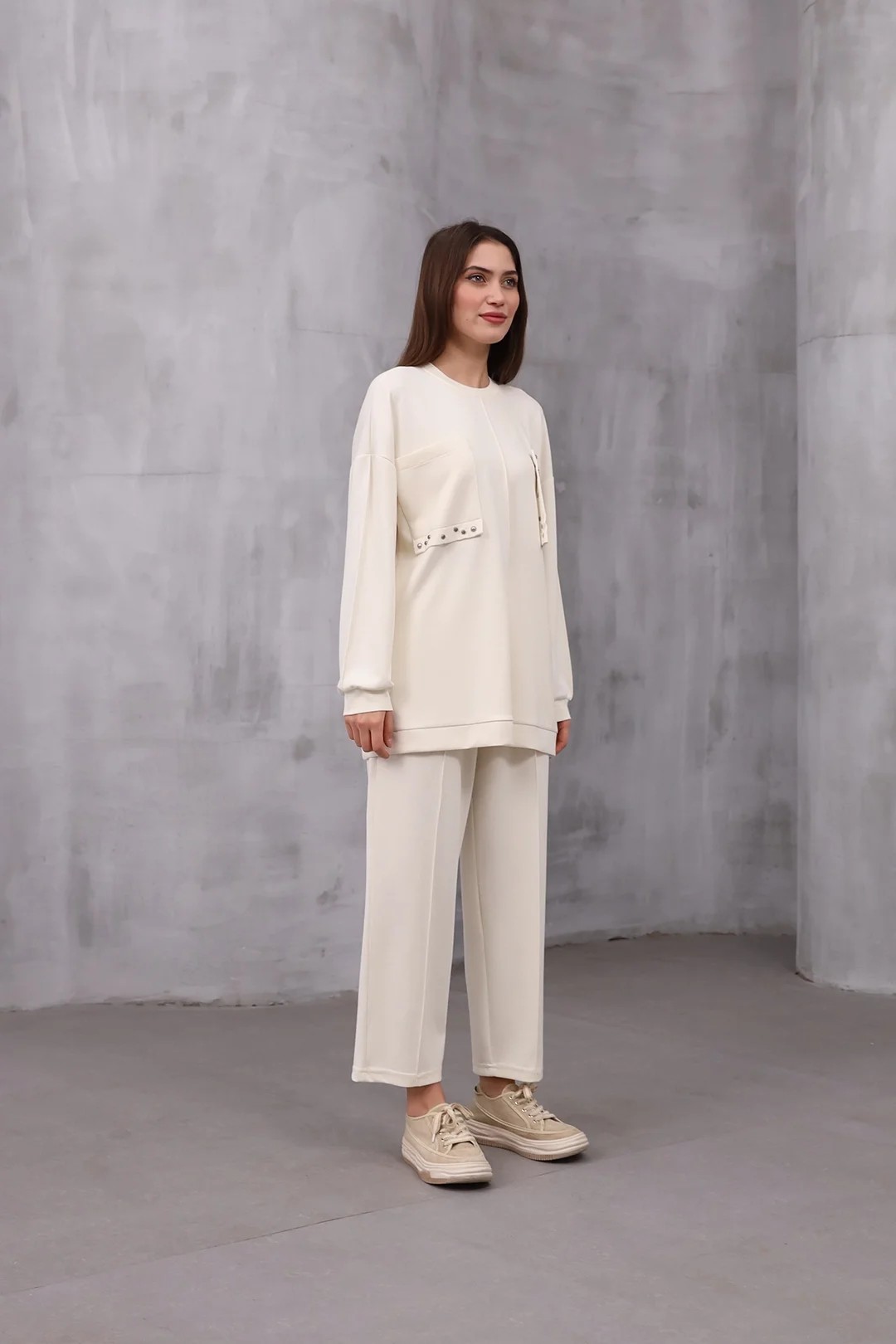 Wholesale Oysho Fabric Pocket Detailed Two Piece Suit - 10543 - Ecru
