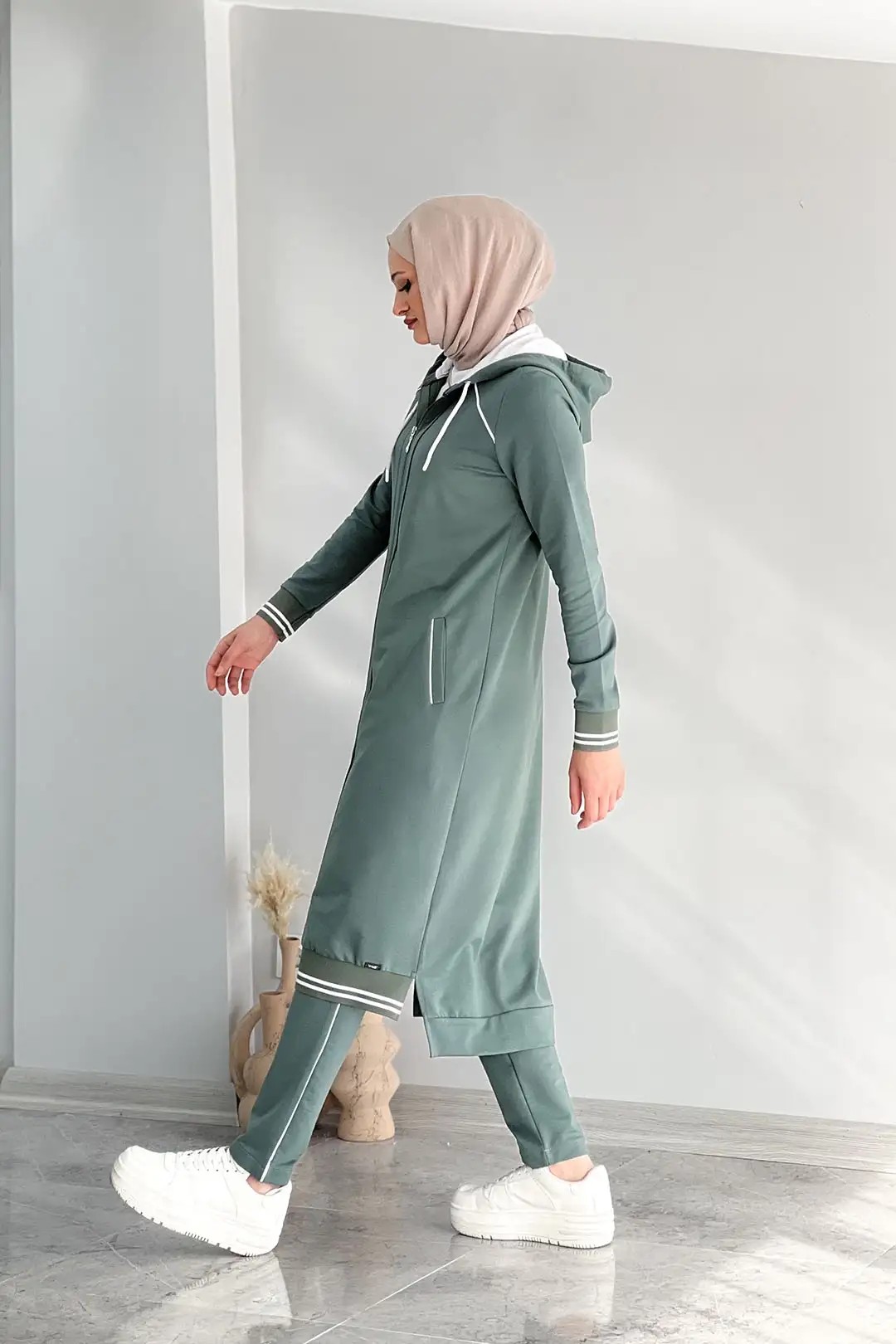 Wholesale Two-Thread Fabric Full Zippered Hooded Two-Piece Suit - Mint Green