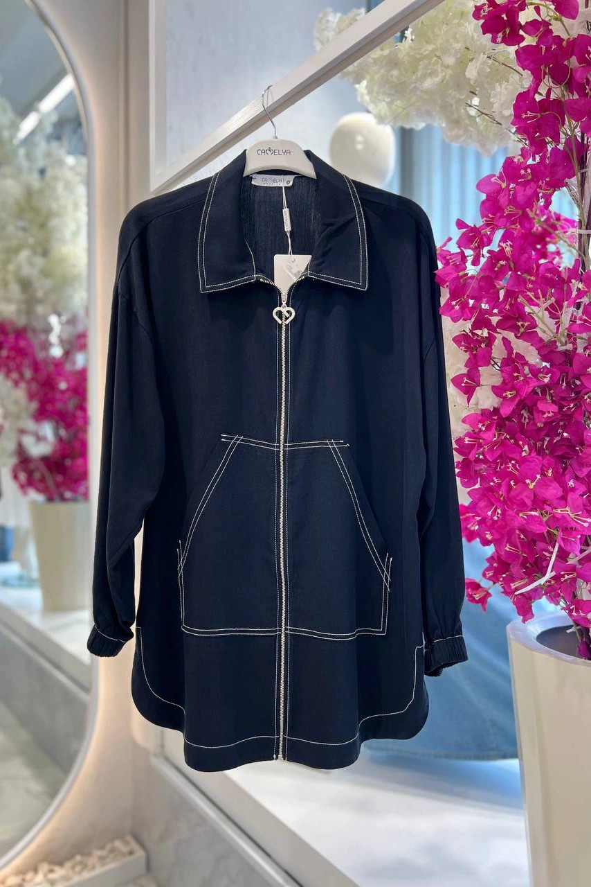 Wholesale Tencel Fabric Zippered and Pocketed Jacket - 2323 Product Information - Black