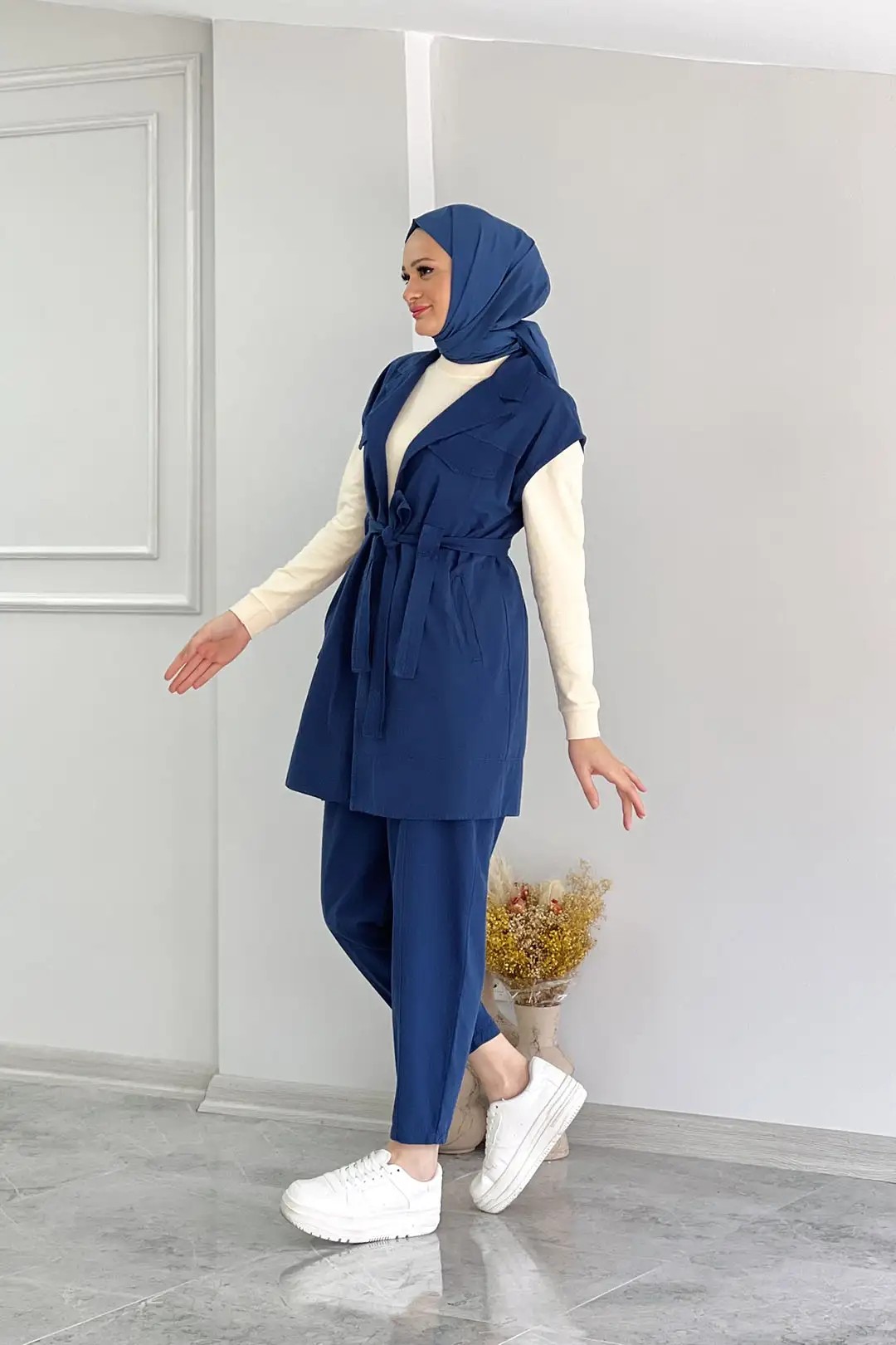 Wholesale Linen Denim Fabric Drawstring Waist Three-Piece Suit
