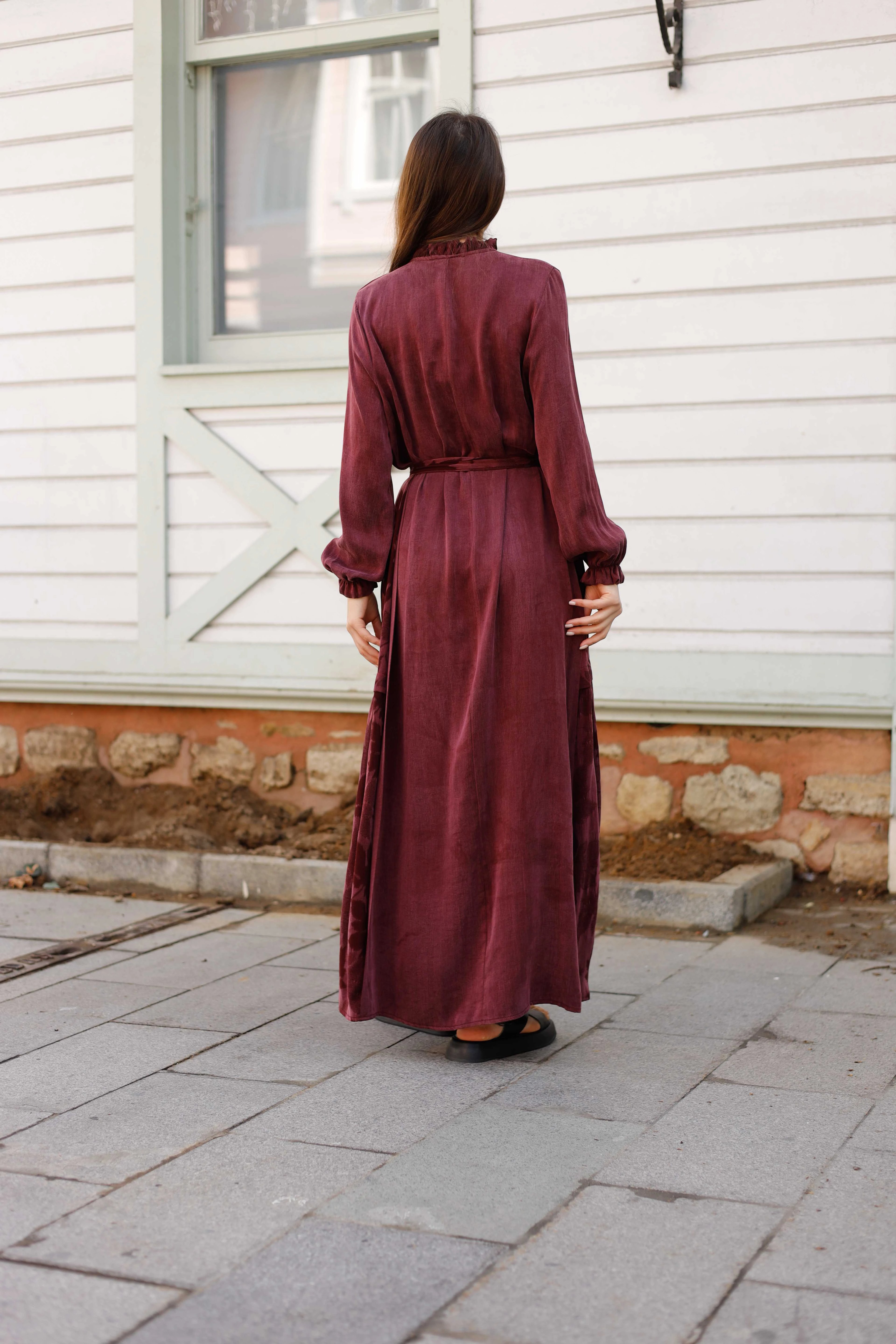 Wholesale Cupra Fabric Leaf Patterned Dress - 3716 - Burgundy
