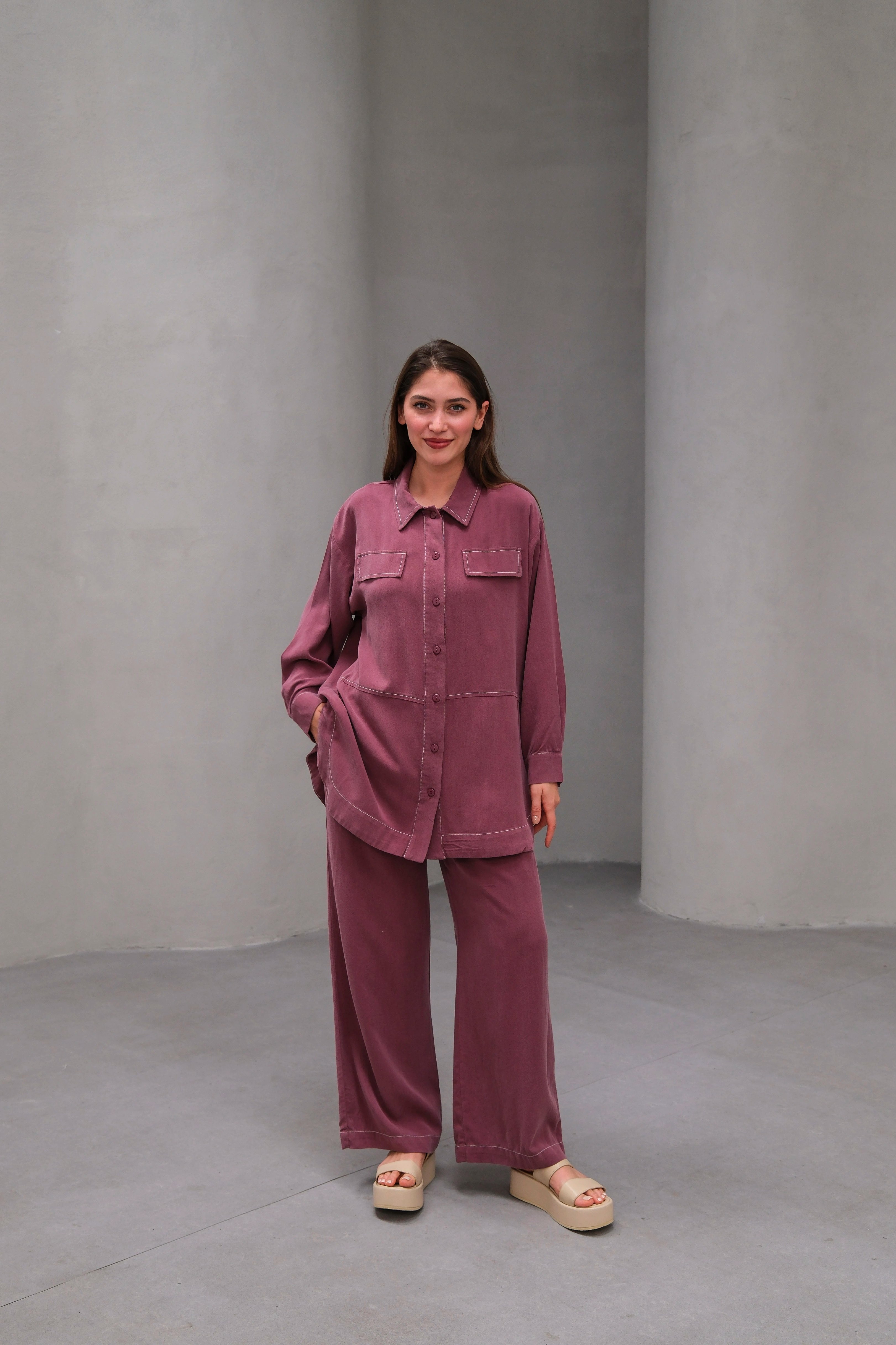 Wholesale Tencel Fabric Buttoned Flap Pocket Two Piece Suit - 10644 Product Information - Dusty Rose