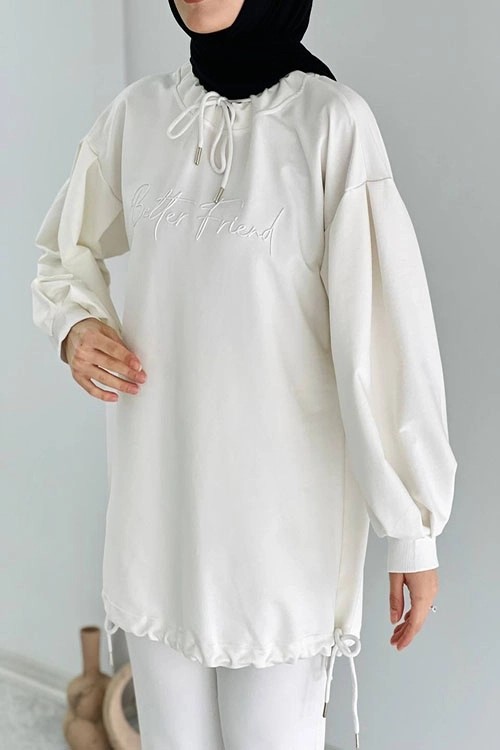 Wholesale Two-Thread Fabric Drawstring Neck Low Sleeve Tunic - Ecru