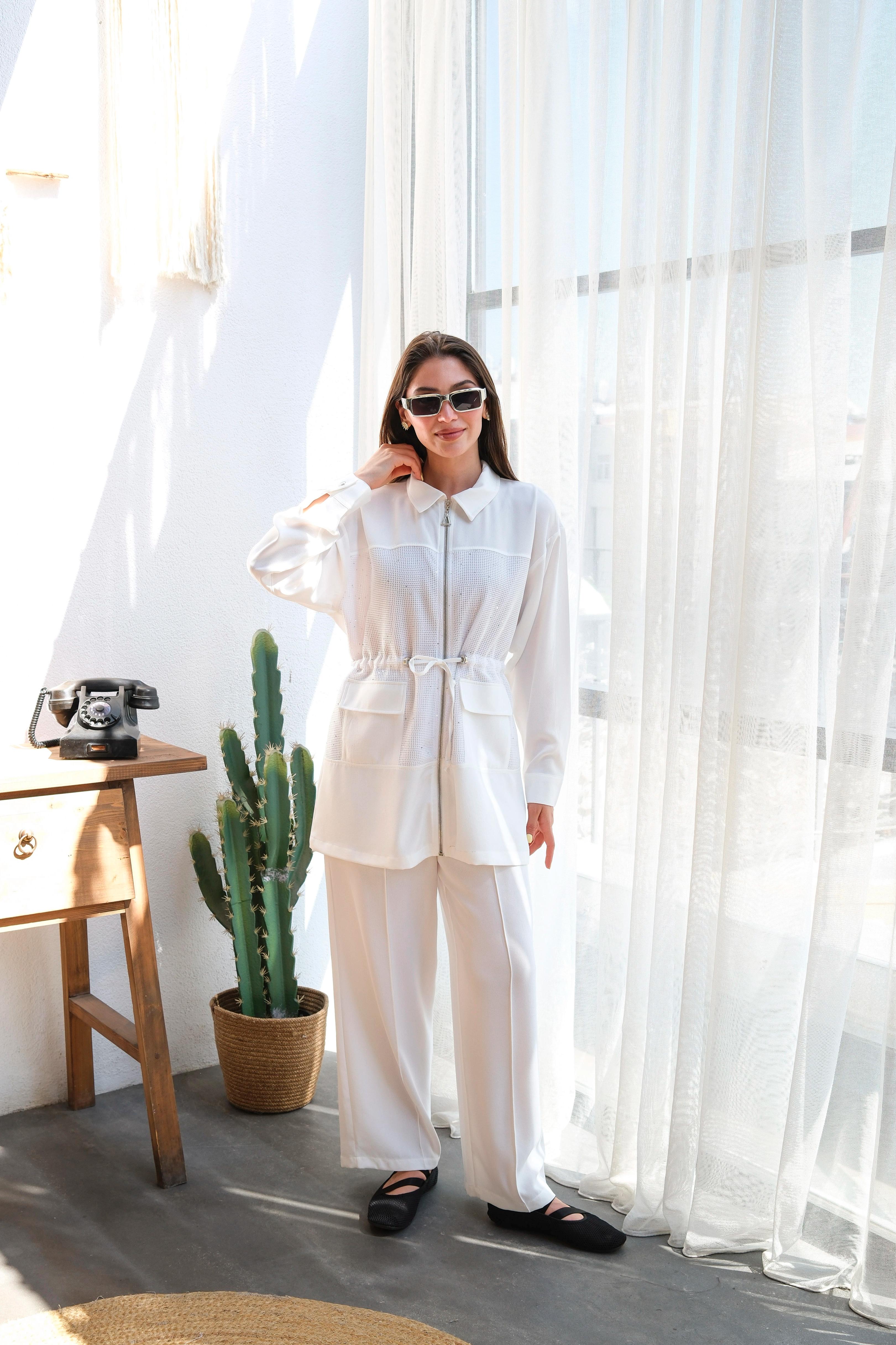Wholesale Linda Fabric Sequin Detail Waist Tunnel Two Piece Suit - 10677 Product Information - Ecru