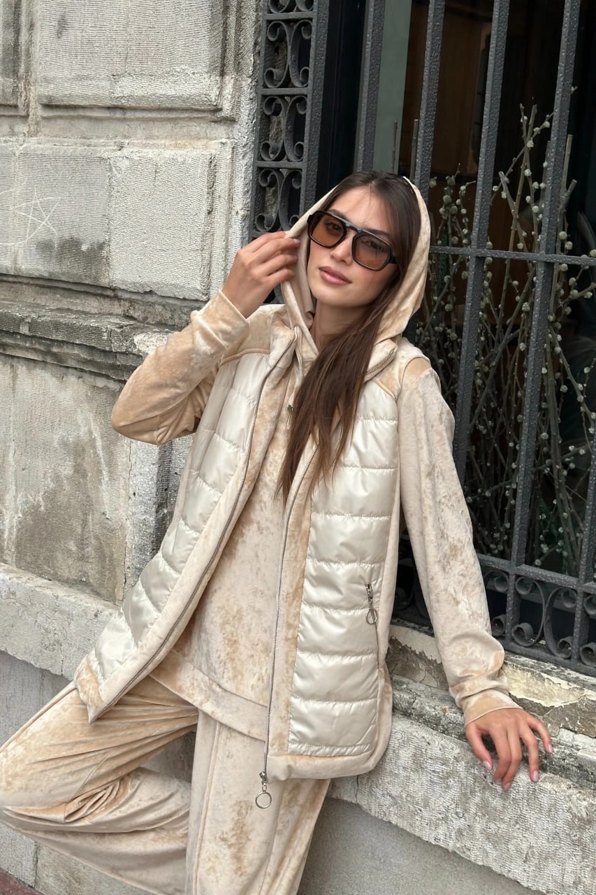 Toptan Kadife Kumaş Kapüşonlu Yelekli Üçlü Takım