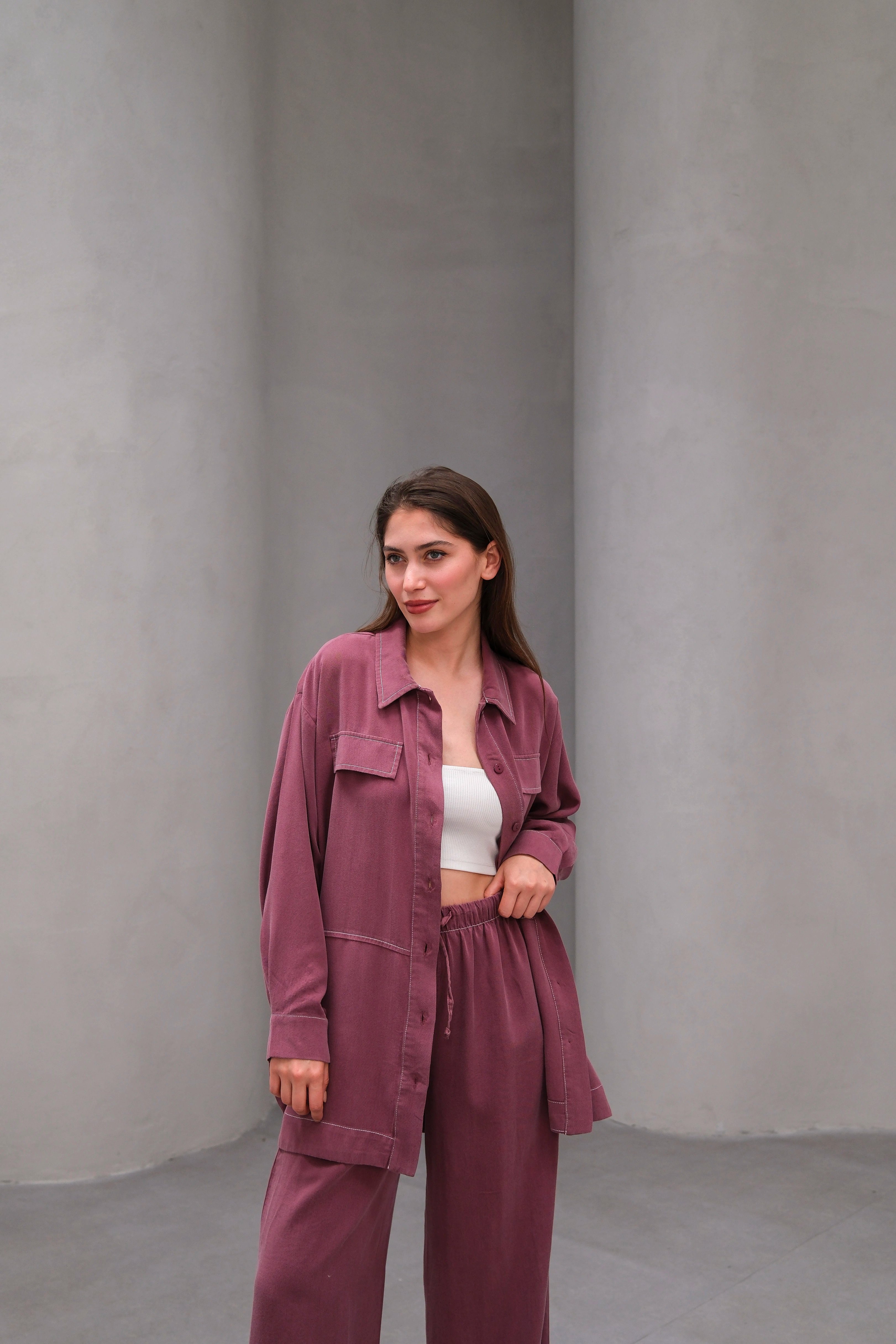 Wholesale Tencel Fabric Buttoned Flap Pocket Two Piece Suit - 10644 Product Information - Dusty Rose