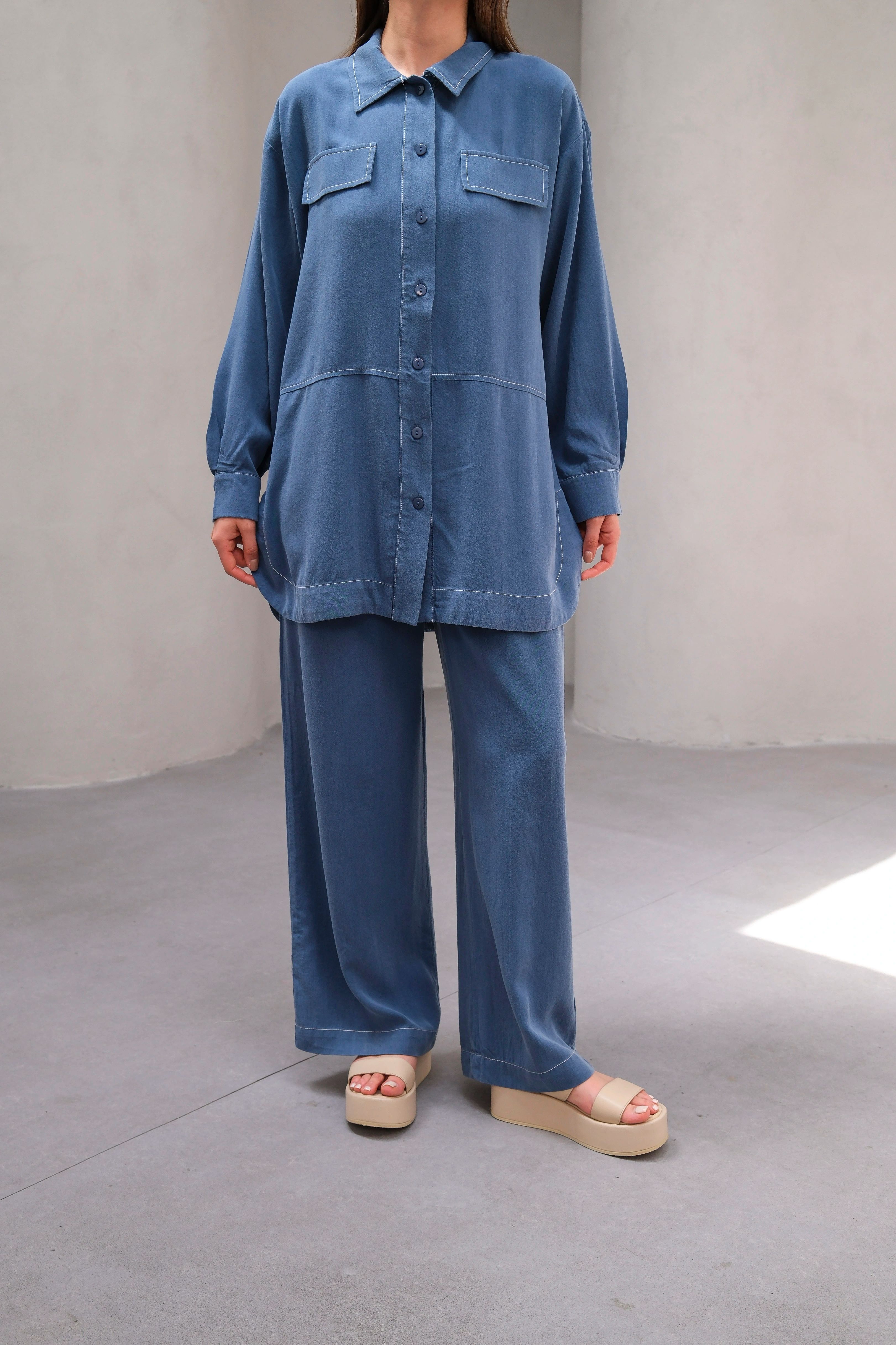 Wholesale Tencel Fabric Buttoned Flap Pocket Two Piece Suit - 10644 Product Information - Indigo