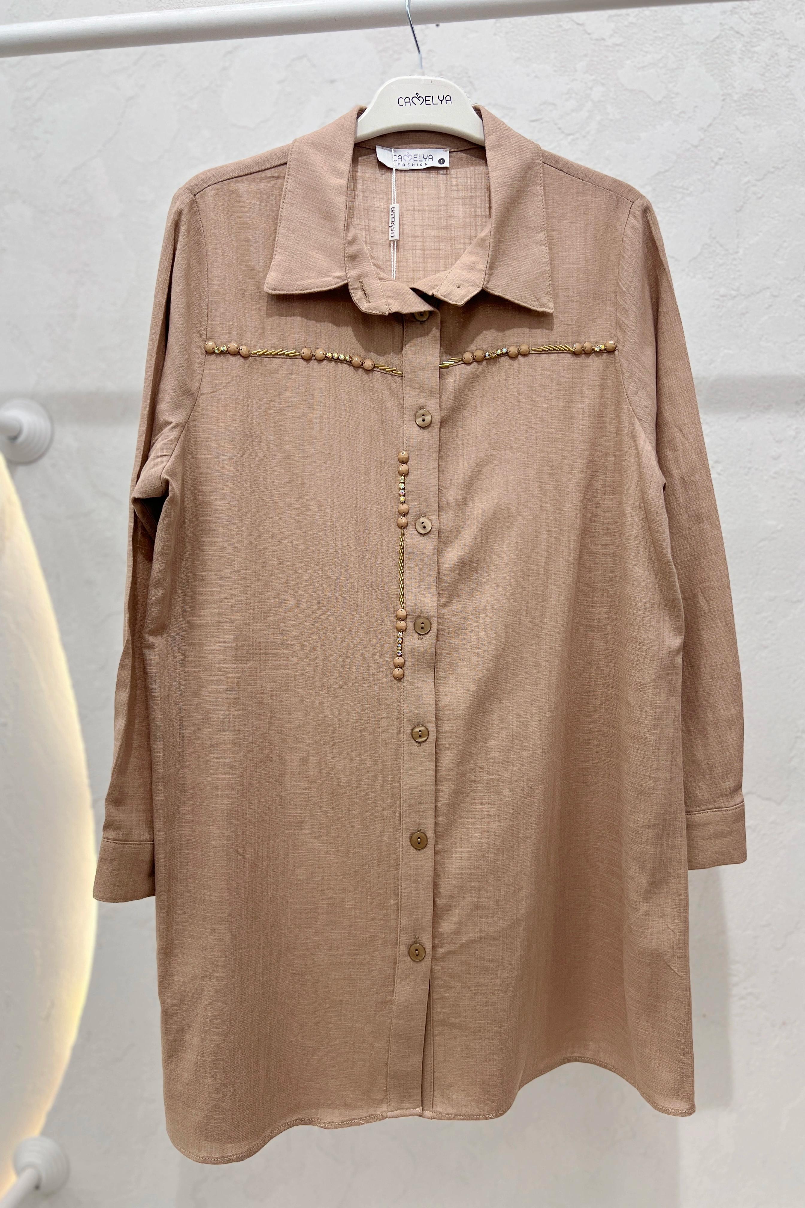Wholesale Linen Fabric Beaded Detailed Shirt - 5305 Product Information - Mink