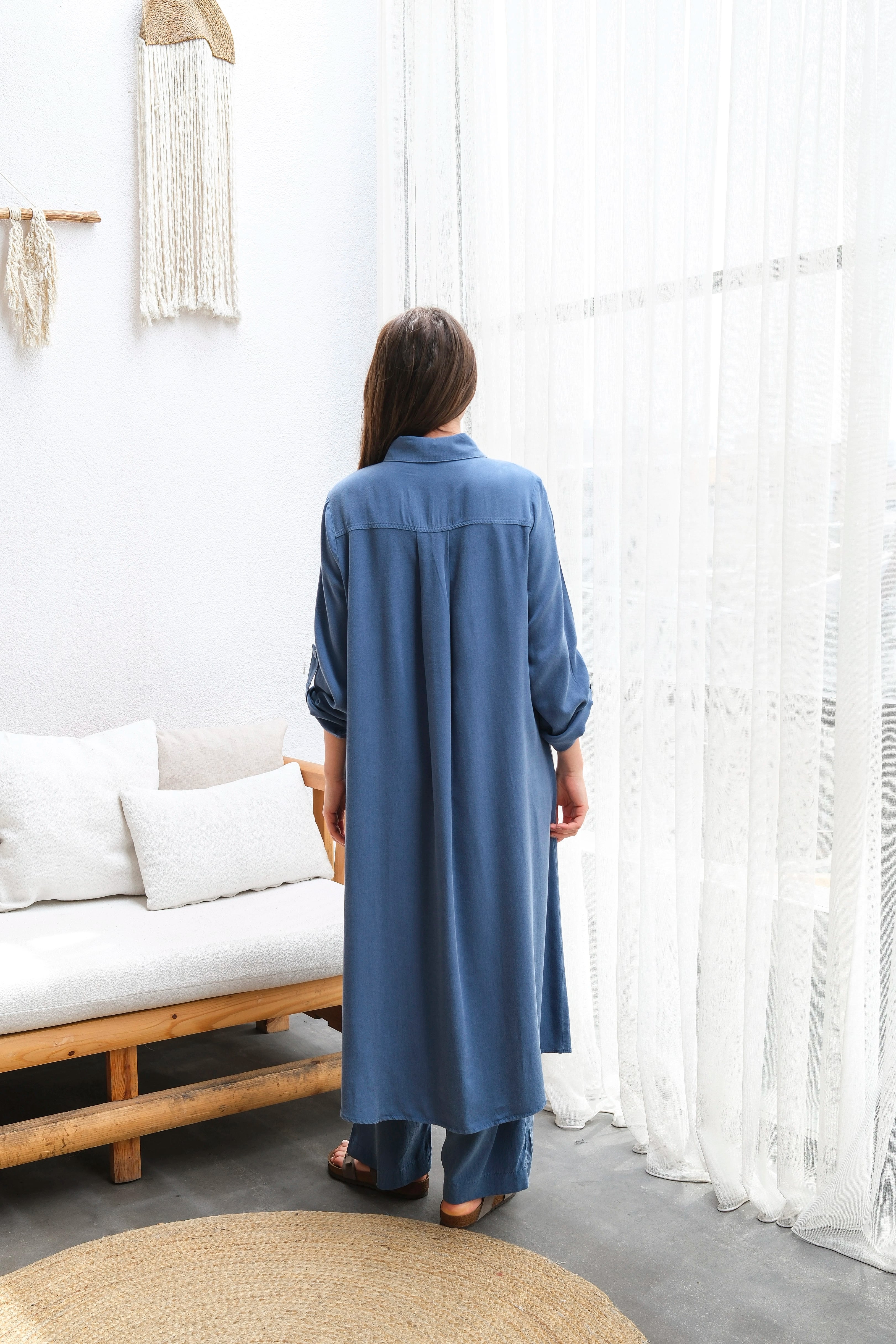 Toptan Tensel Kumaş Tuniği Uzun Düğmeli Battal Beden İkili Takım - LACİVERT