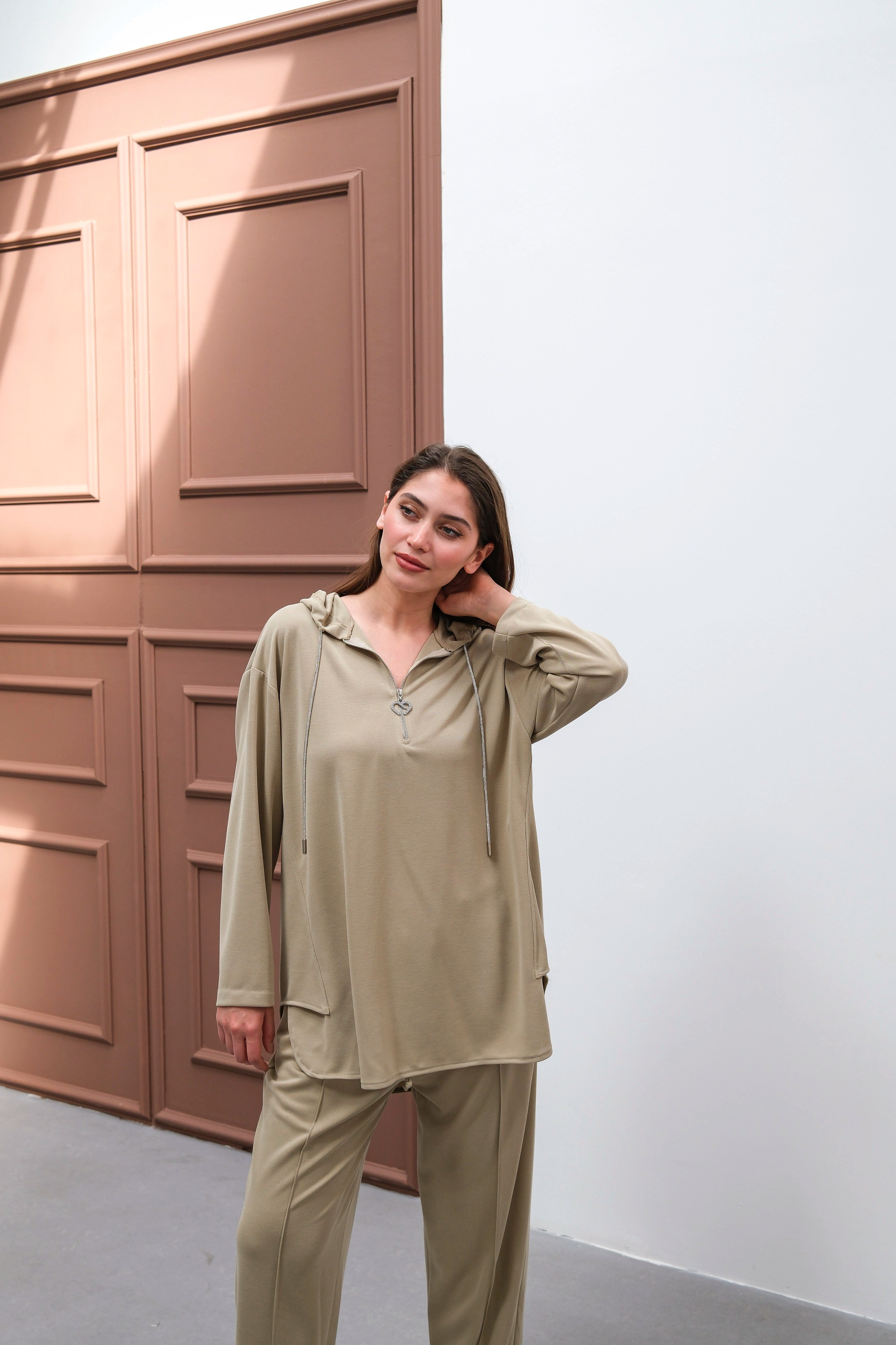 Wholesale Ecem Fabric Half Zipper Hooded Two Piece Suit - 10663 Product Information - Mink