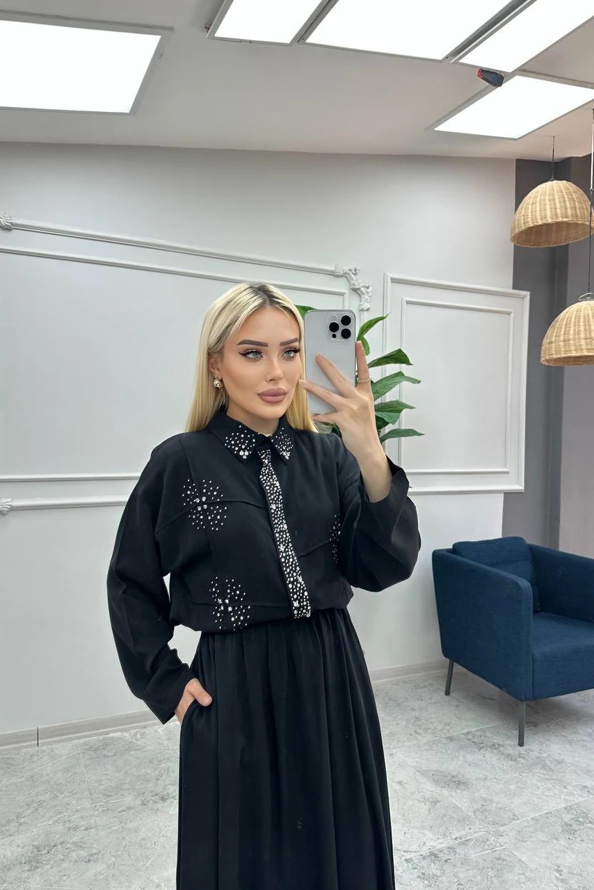 Tensel Kumaş Taş Süslemeli Zarif Ve Şık İkili Etek Takım 8222
