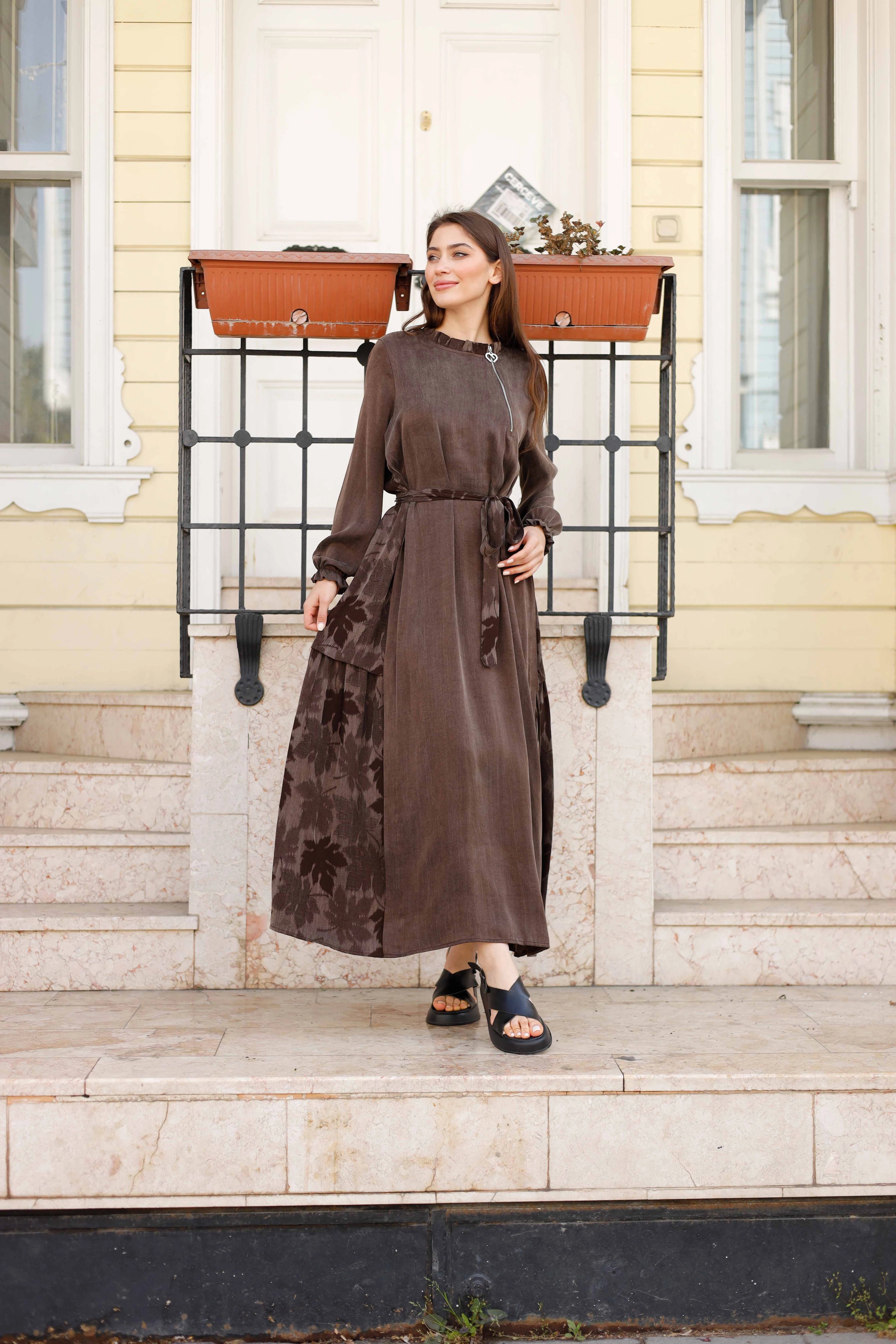 Wholesale Cupra Fabric Leaf Patterned Dress - 3716 - Brown