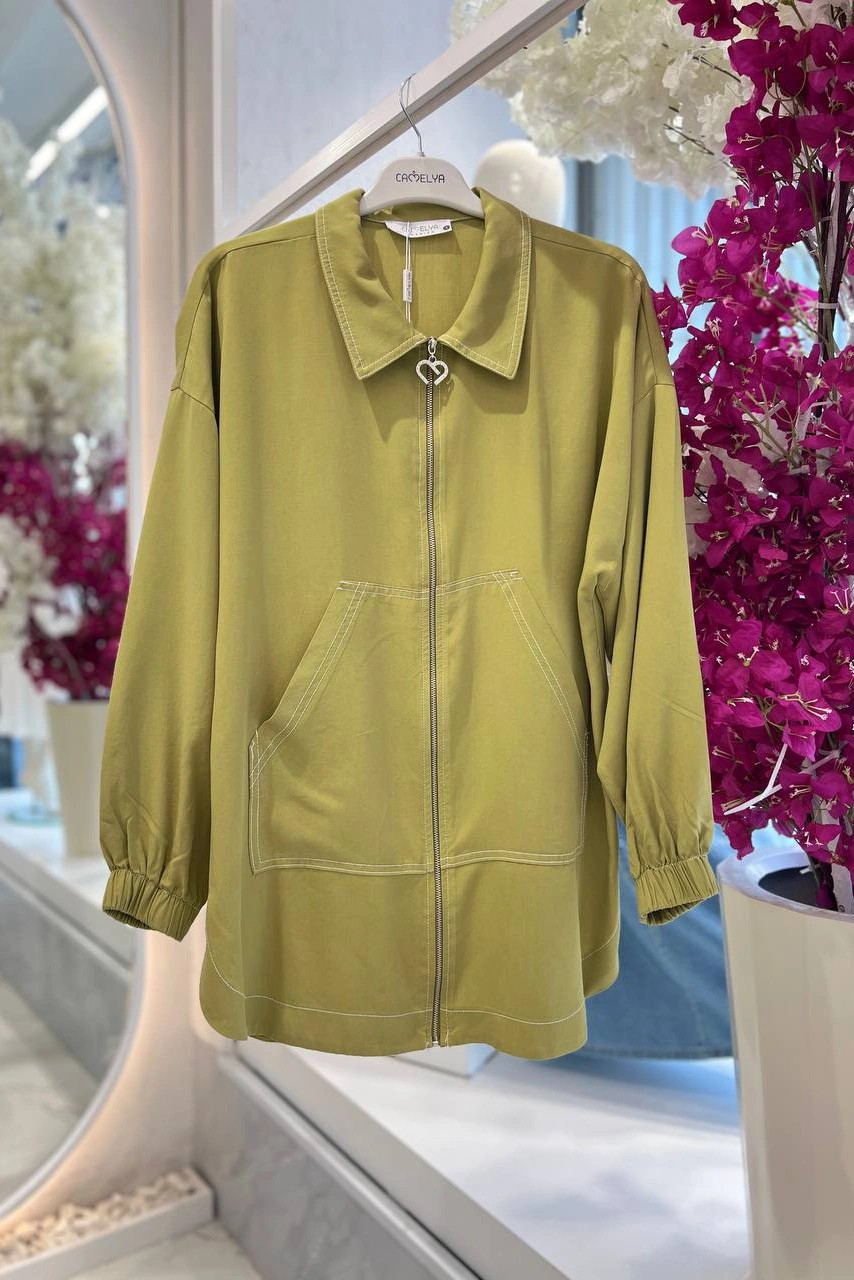 Wholesale Tencel Fabric Zippered and Pocketed Jacket - 2323 Product Information - Olive Green