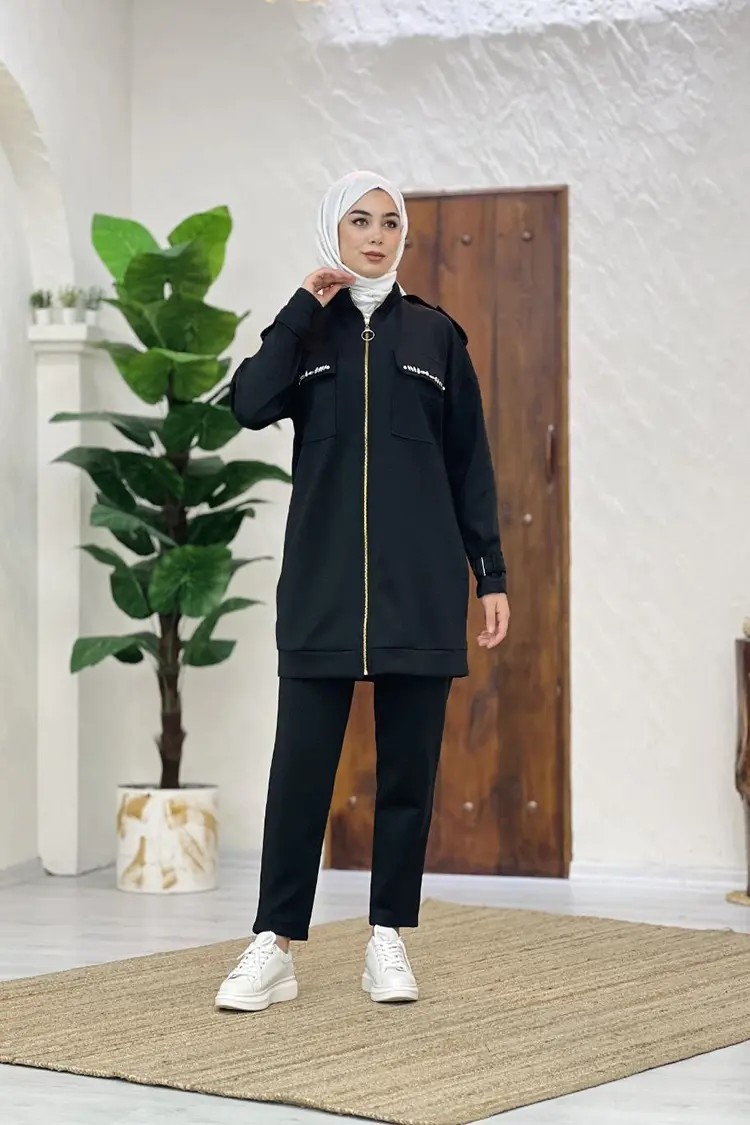 Wholesale Scuba Fabric Zipper Pockets Stoned Two Piece Suit
