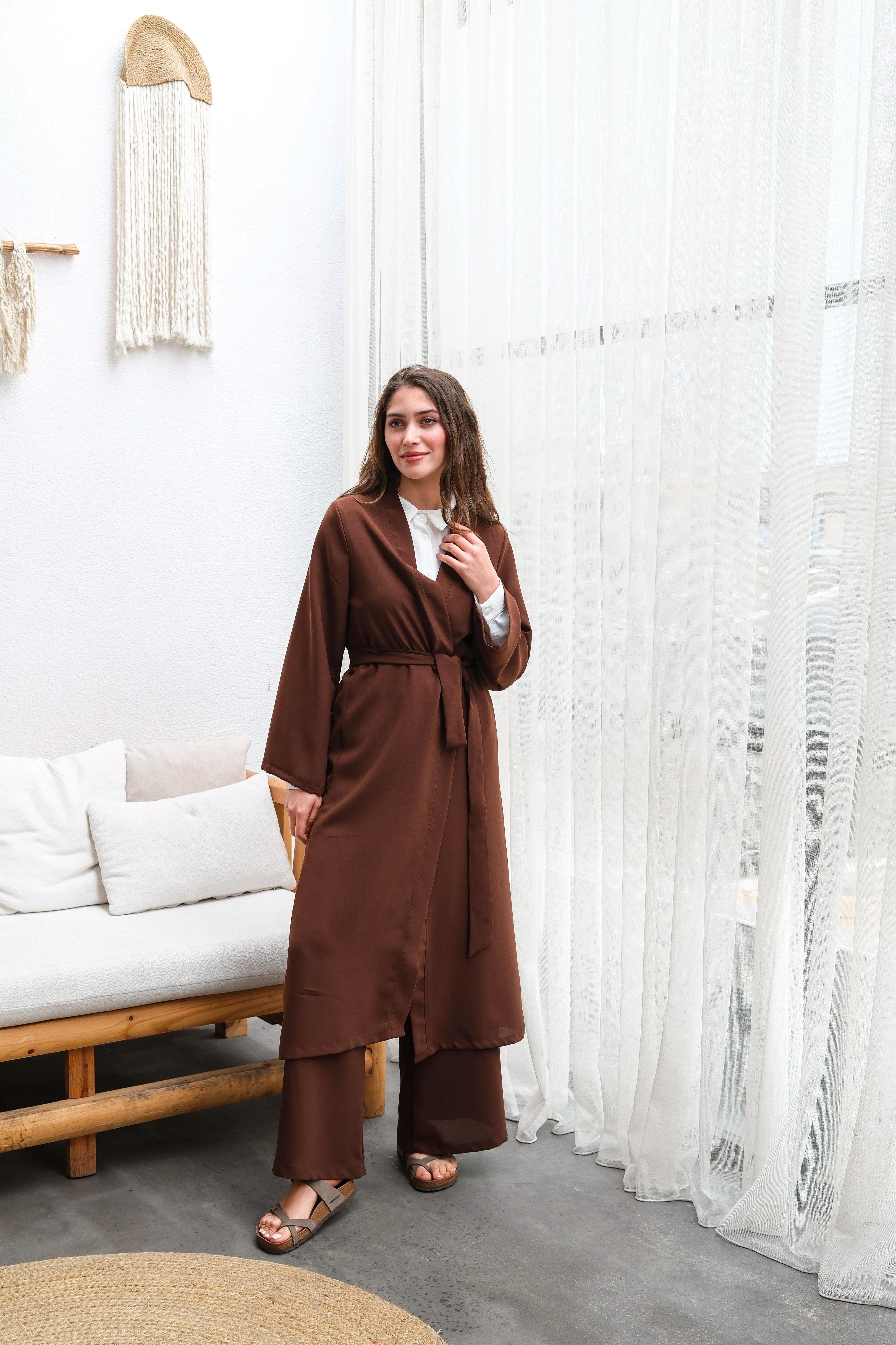 Wholesale Thin Crepe Fabric Belted Double Size Double Suit - b10634 Product Information - Brown
