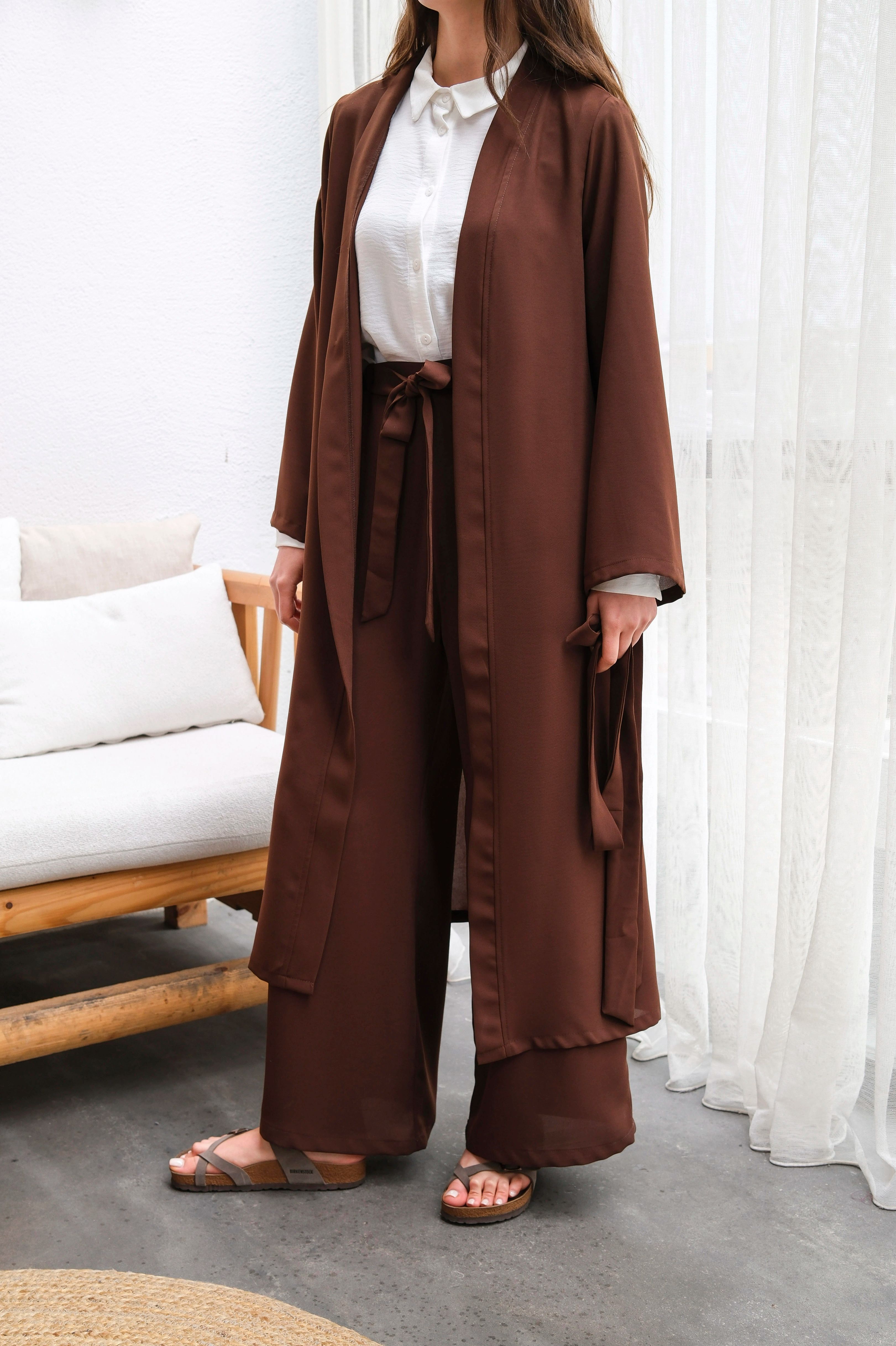 Wholesale Thin Crepe Fabric Belted Double Size Double Suit - b10634 Product Information - Brown