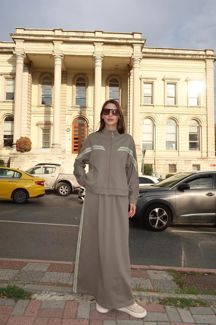 Toptan İki İplik Kumaş Şerit Detaylı İkili Etek Takım