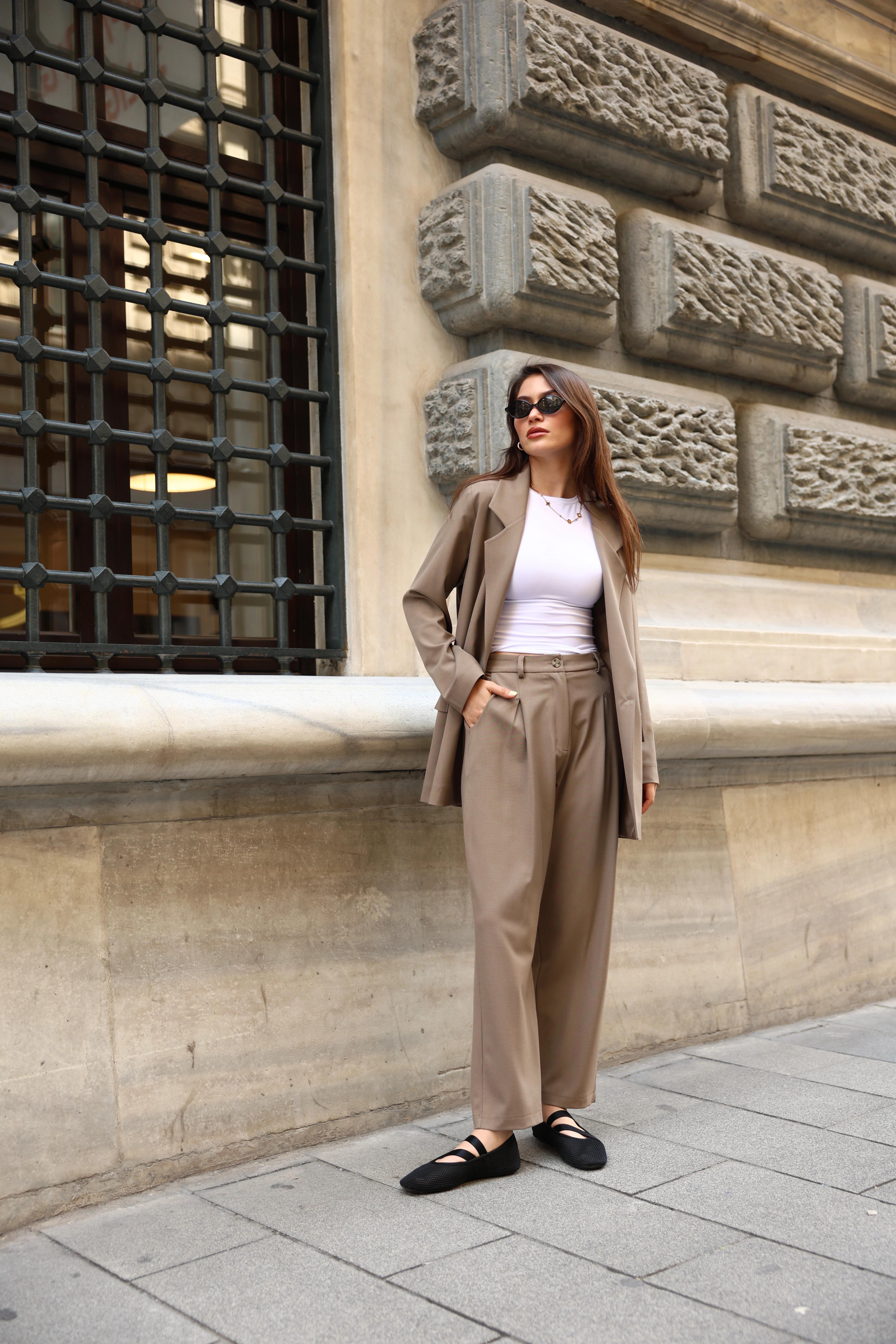 Toptan İthal Keten Kumaş Blazer Ceketli İkili Takım - KAHVE