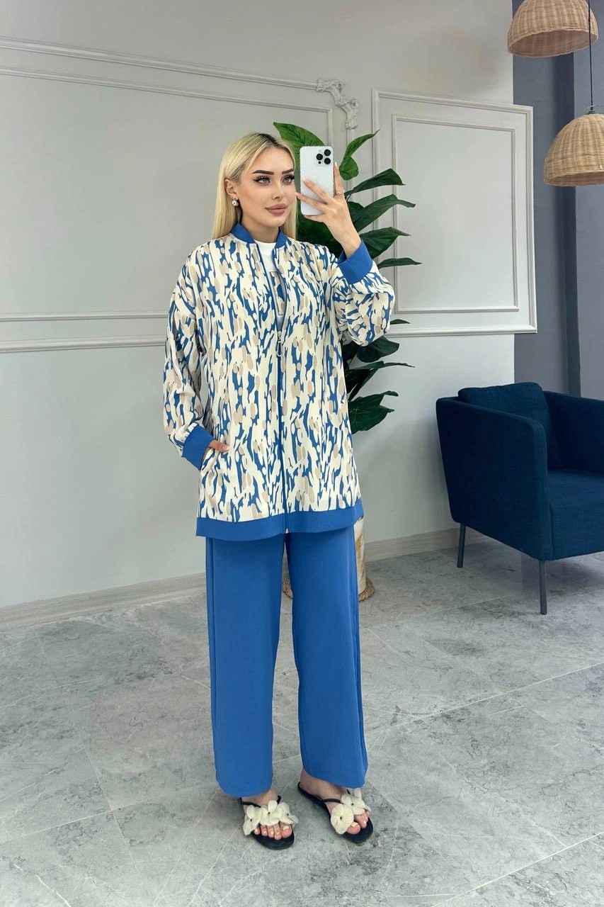 Wholesale Linda Fabric Patterned Zippered Three Piece Suit - 10689 Product Information - Blue