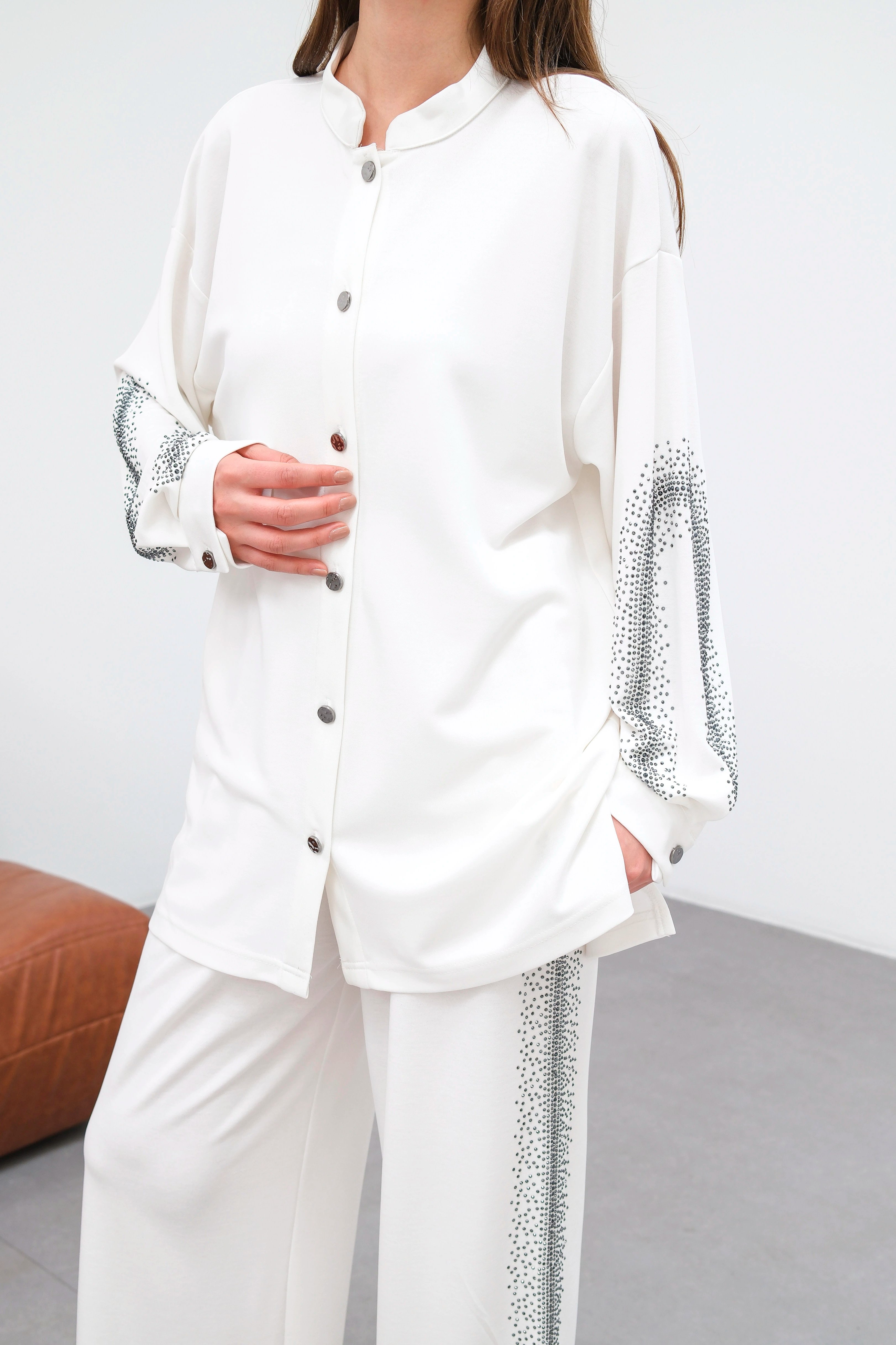 Wholesale Knitted Cupra Fabric Stone Embellished Two Piece Suit - 10657 Product Information - Ecru